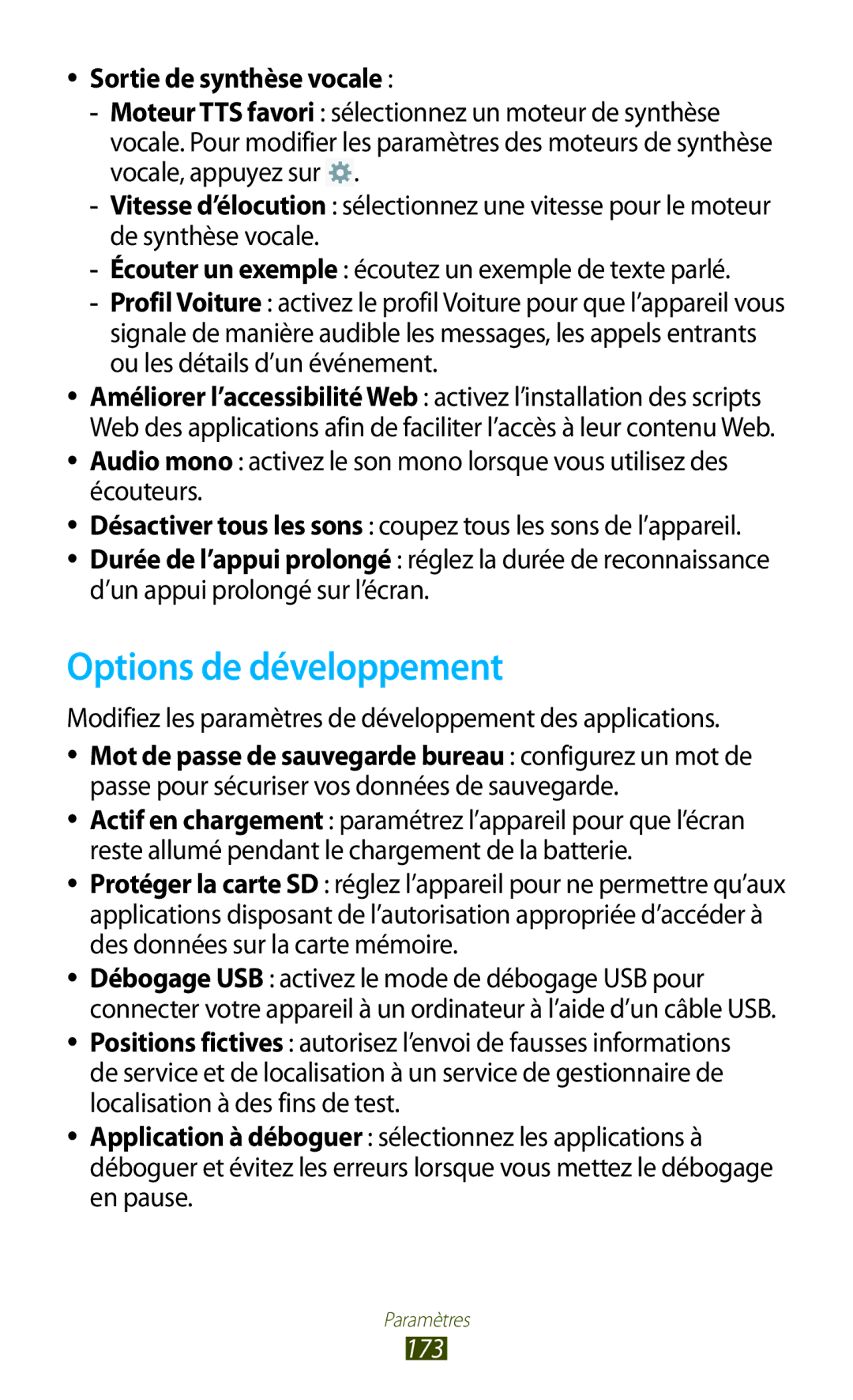 Samsung GT-N8000EAABGL, GT-N8000ZWAMTL, GT-N8000ZWABGL manual Options de développement, Sortie de synthèse vocale, 173 