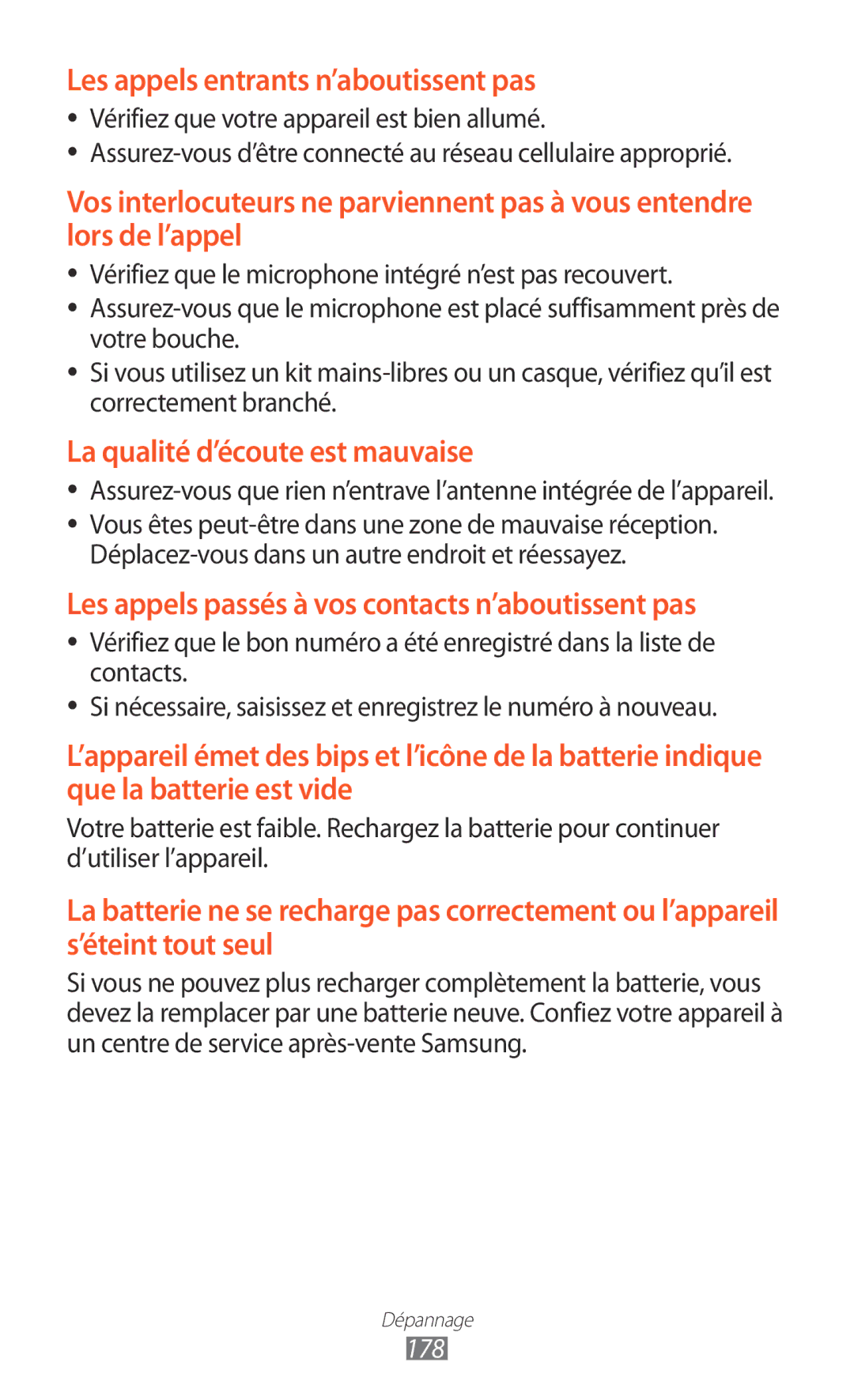 Samsung GT-N8000ZWABGL, GT-N8000ZWAMTL, GT-N8000EAABGL, GT-N8000ZWAGBL manual La qualité d’écoute est mauvaise, 178 