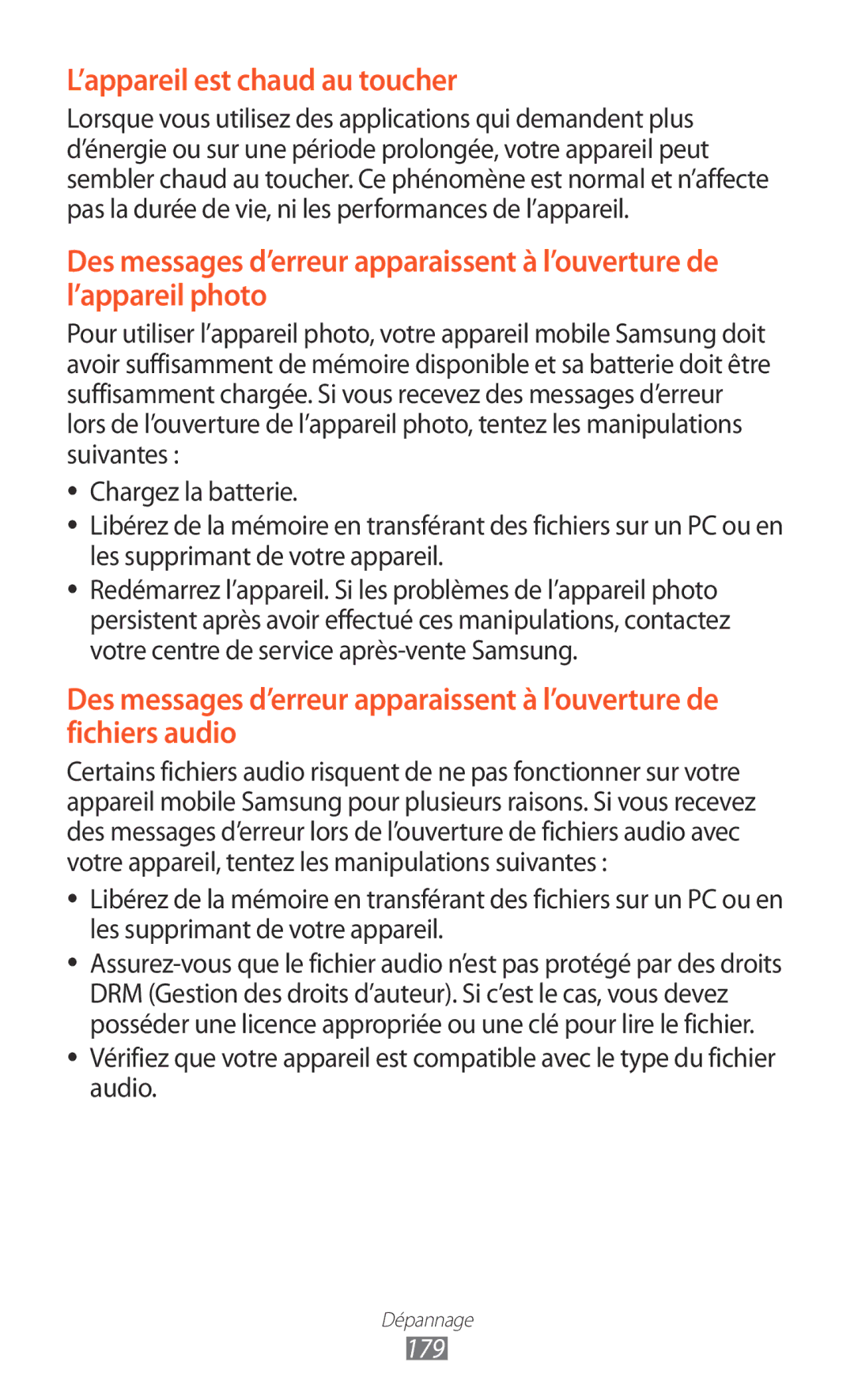 Samsung GT-N8000ZWAGBL, GT-N8000ZWAMTL, GT-N8000EAABGL, GT-N8000ZWABGL manual ’appareil est chaud au toucher, 179 