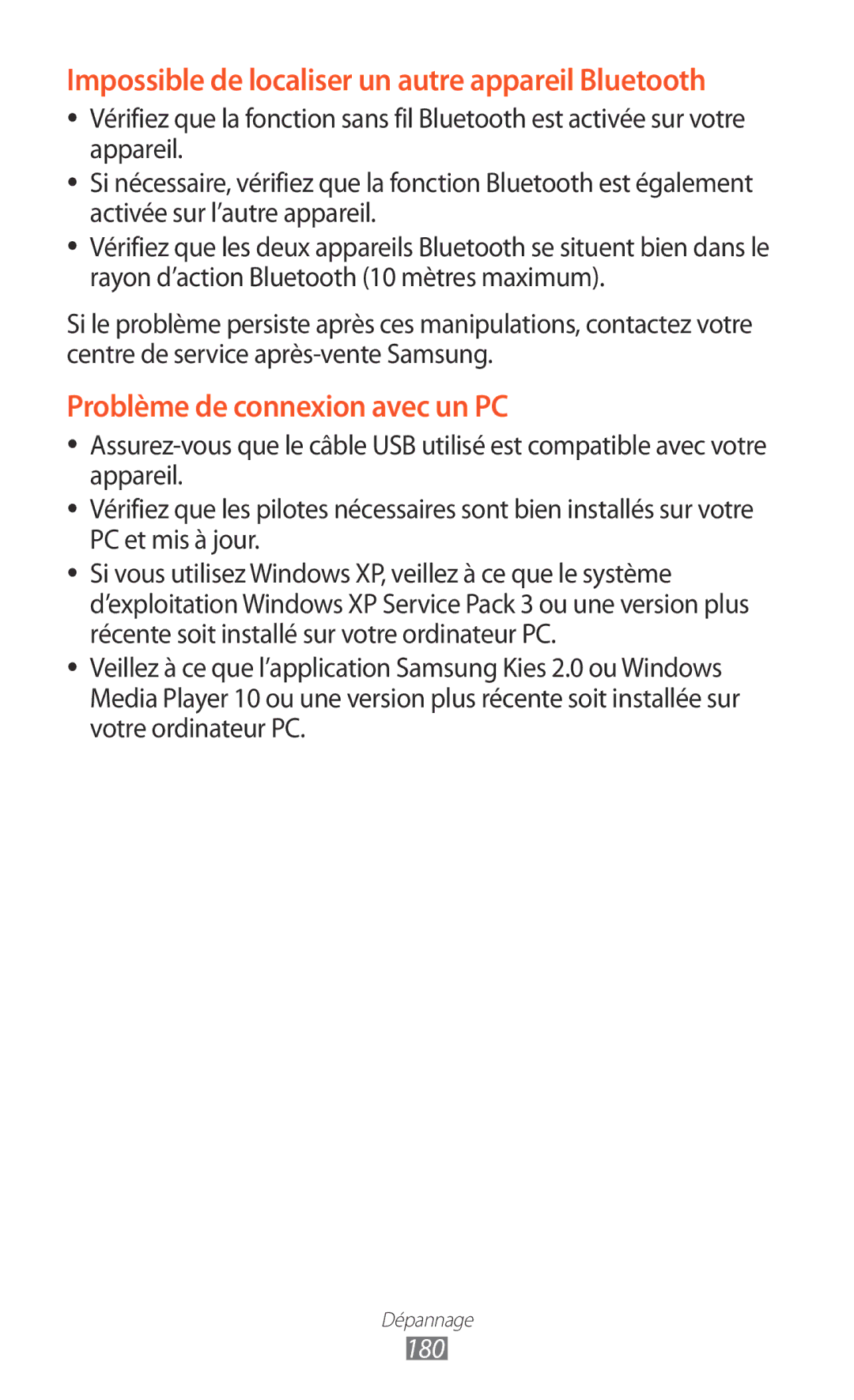 Samsung GT-N8000ZWAMTL, GT-N8000EAABGL, GT-N8000ZWABGL manual Impossible de localiser un autre appareil Bluetooth, 180 