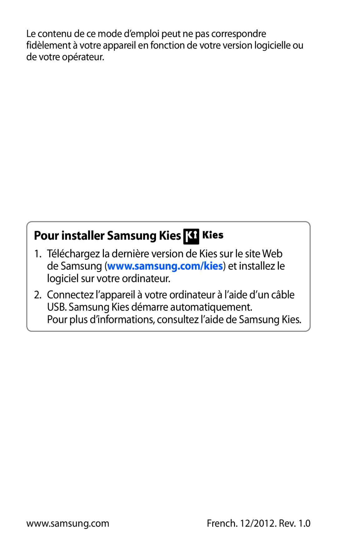 Samsung GT-N8000ZWAMTL, GT-N8000EAABGL, GT-N8000ZWABGL, GT-N8000ZWAGBL manual Pour installer Samsung Kies 