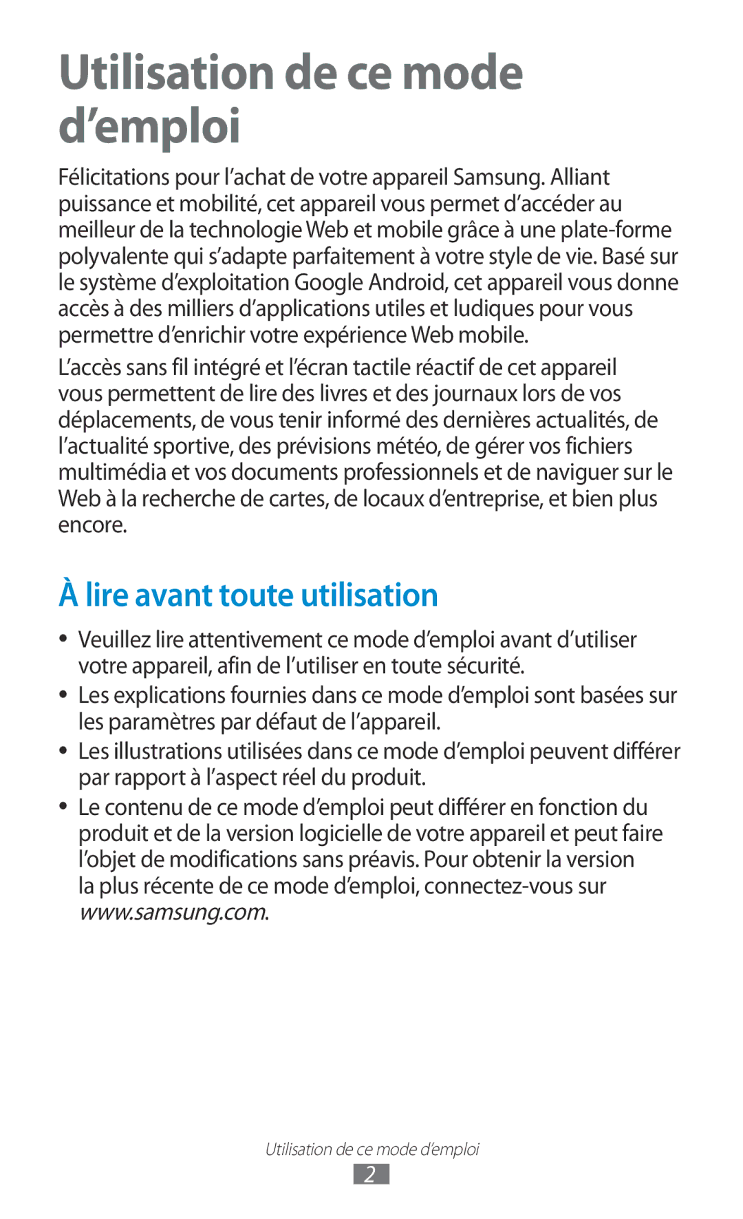 Samsung GT-N8000ZWABGL, GT-N8000ZWAMTL, GT-N8000EAABGL manual Utilisation de ce mode d’emploi, Lire avant toute utilisation 