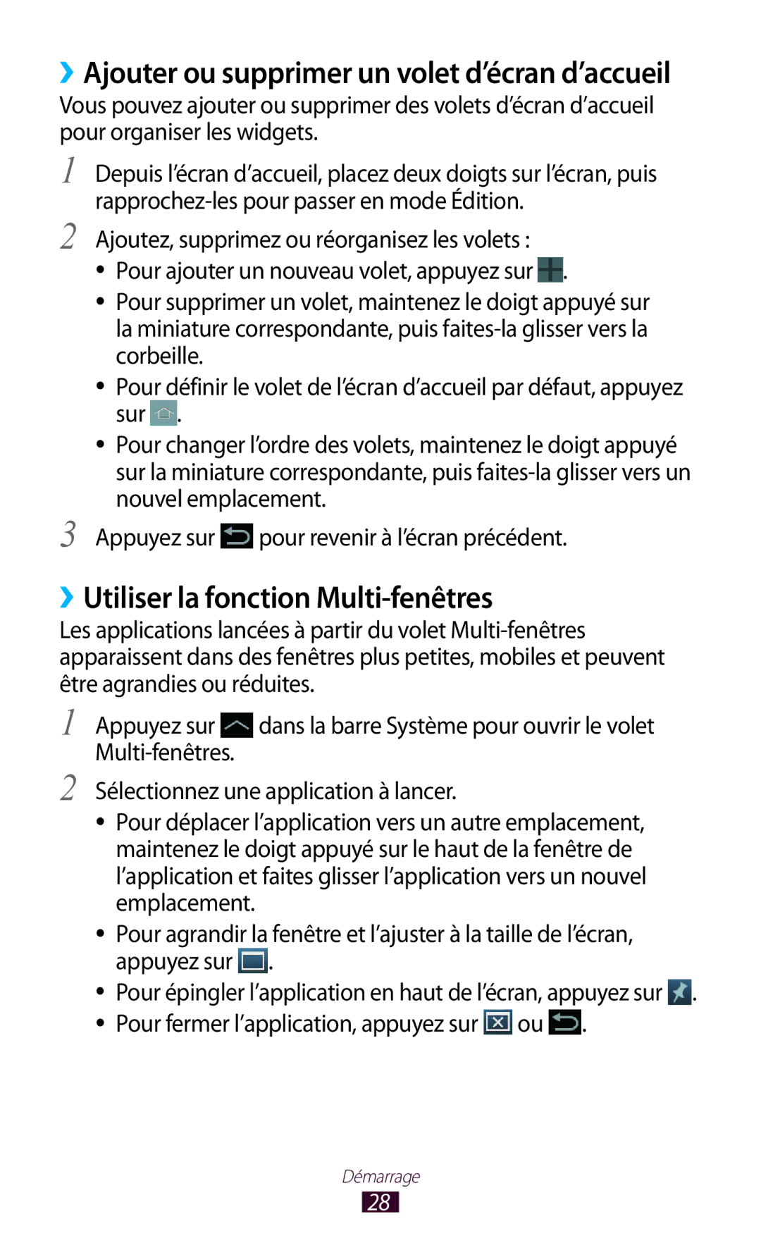 Samsung GT-N8000ZWAMTL manual ››Utiliser la fonction Multi-fenêtres, ››Ajouter ou supprimer un volet d’écran d’accueil 