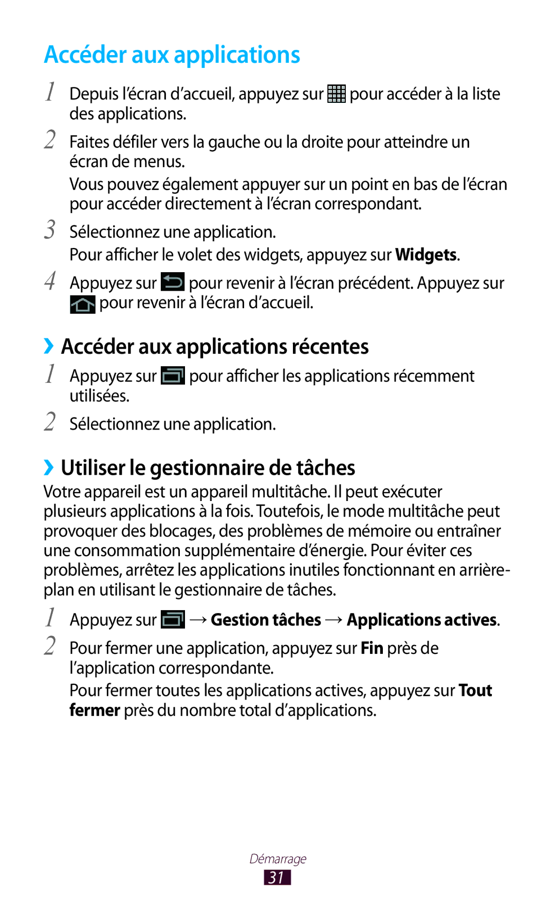 Samsung GT-N8000ZWAGBL, GT-N8000ZWAMTL manual ››Accéder aux applications récentes, ››Utiliser le gestionnaire de tâches 