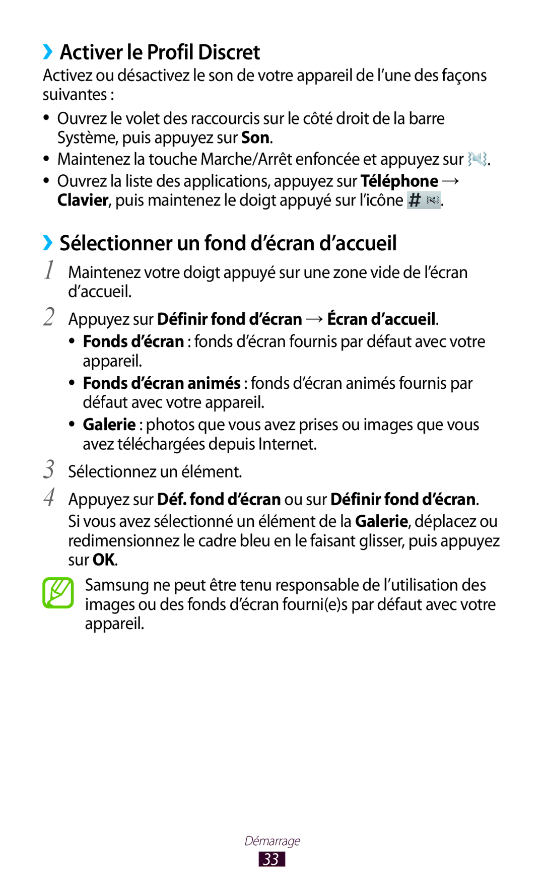 Samsung GT-N8000EAABGL, GT-N8000ZWAMTL manual ››Activer le Profil Discret, ››Sélectionner un fond d’écran d’accueil 