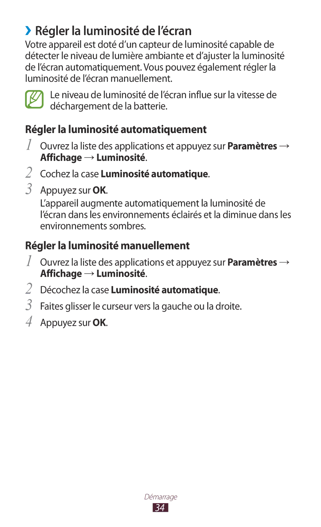 Samsung GT-N8000ZWABGL, GT-N8000ZWAMTL manual ››Régler la luminosité de l’écran, Régler la luminosité automatiquement 