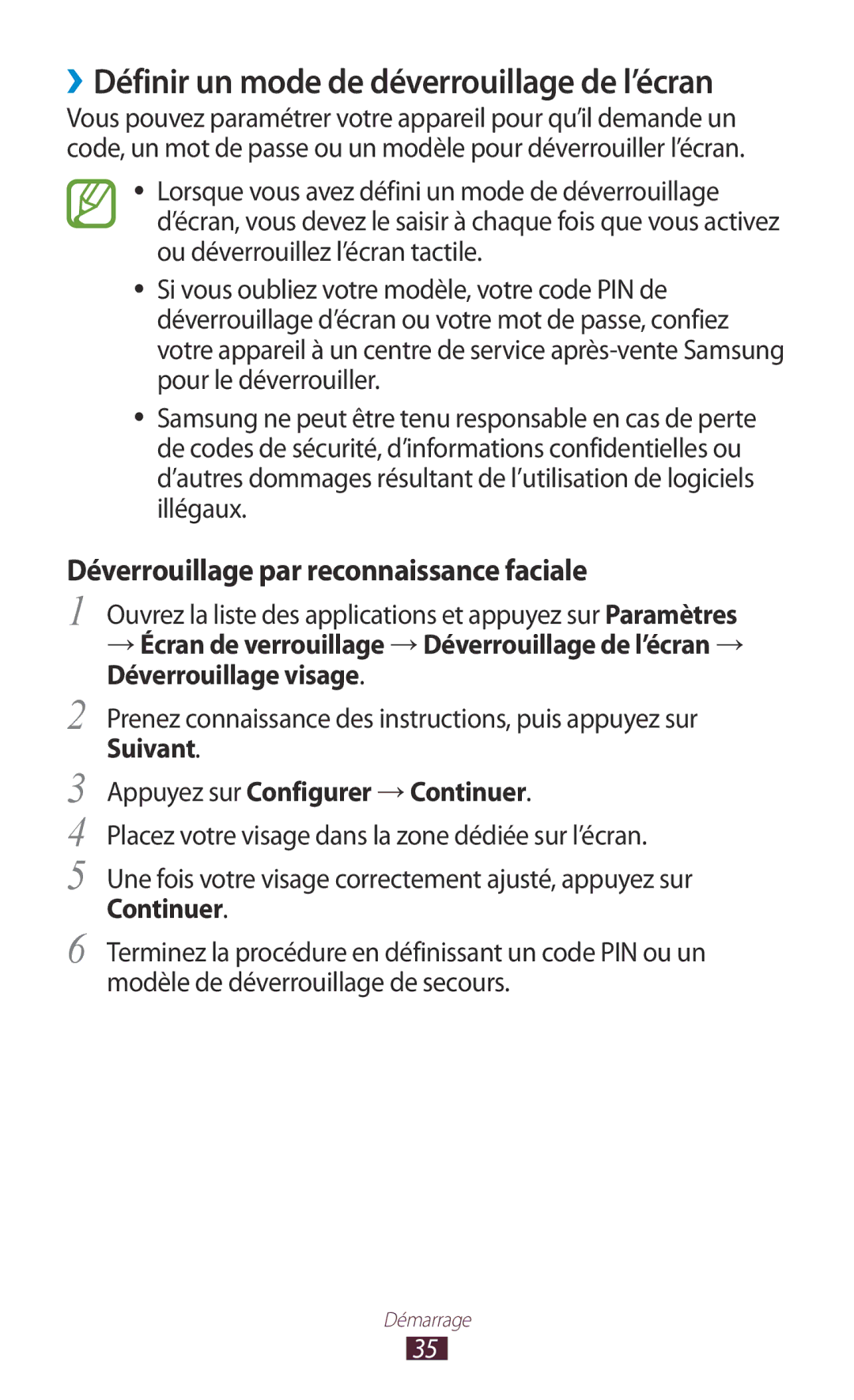 Samsung GT-N8000ZWAGBL manual ››Définir un mode de déverrouillage de l’écran, Déverrouillage par reconnaissance faciale 