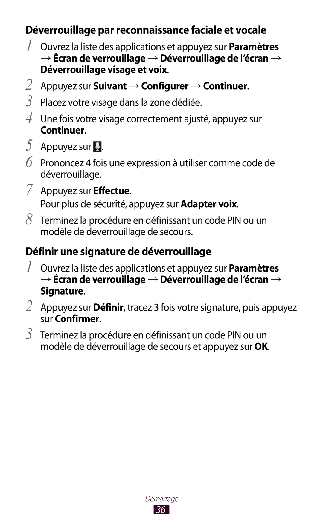 Samsung GT-N8000ZWAMTL manual Déverrouillage par reconnaissance faciale et vocale, Définir une signature de déverrouillage 