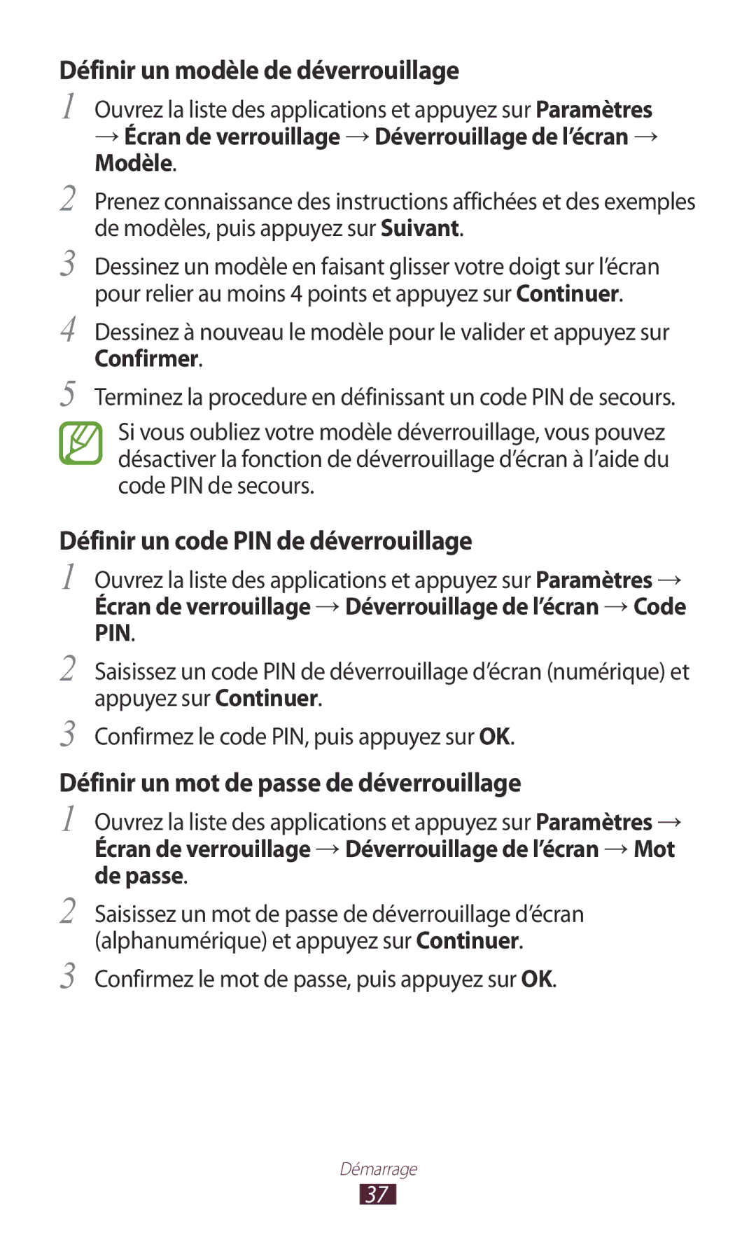 Samsung GT-N8000EAABGL, GT-N8000ZWAMTL manual Définir un modèle de déverrouillage, Définir un code PIN de déverrouillage 