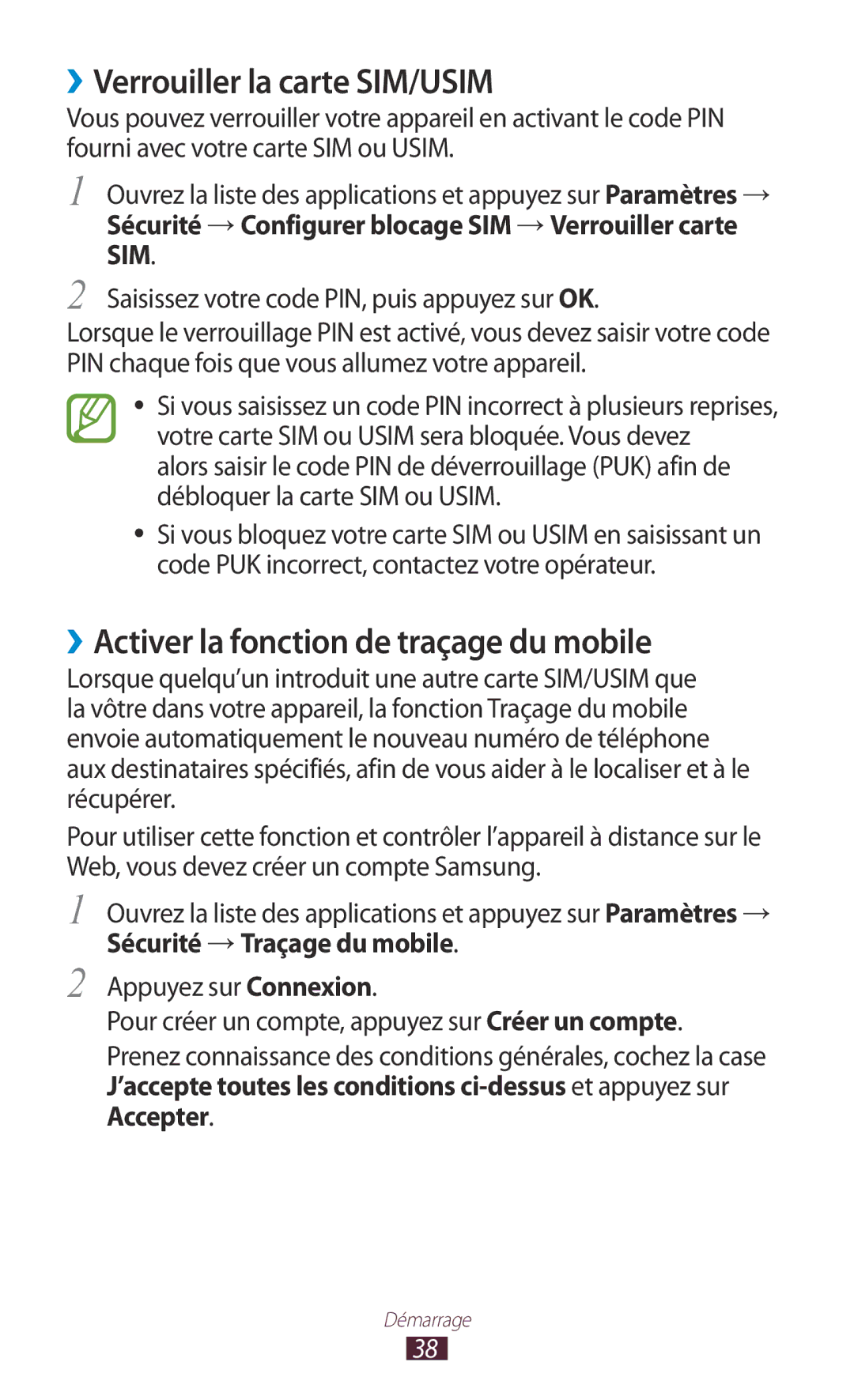 Samsung GT-N8000ZWABGL, GT-N8000ZWAMTL manual ››Verrouiller la carte SIM/USIM, ››Activer la fonction de traçage du mobile 