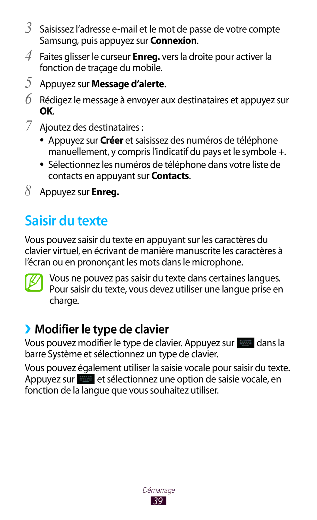 Samsung GT-N8000ZWAGBL, GT-N8000ZWAMTL manual Saisir du texte, ››Modifier le type de clavier, Appuyez sur Message d’alerte 