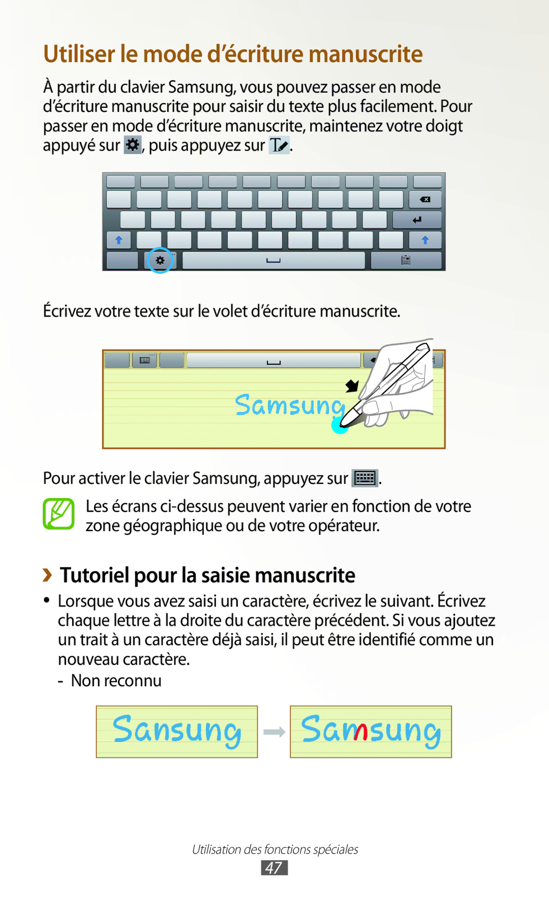 Samsung GT-N8000ZWAGBL, GT-N8000ZWAMTL manual Utiliser le mode d’écriture manuscrite, ››Tutoriel pour la saisie manuscrite 