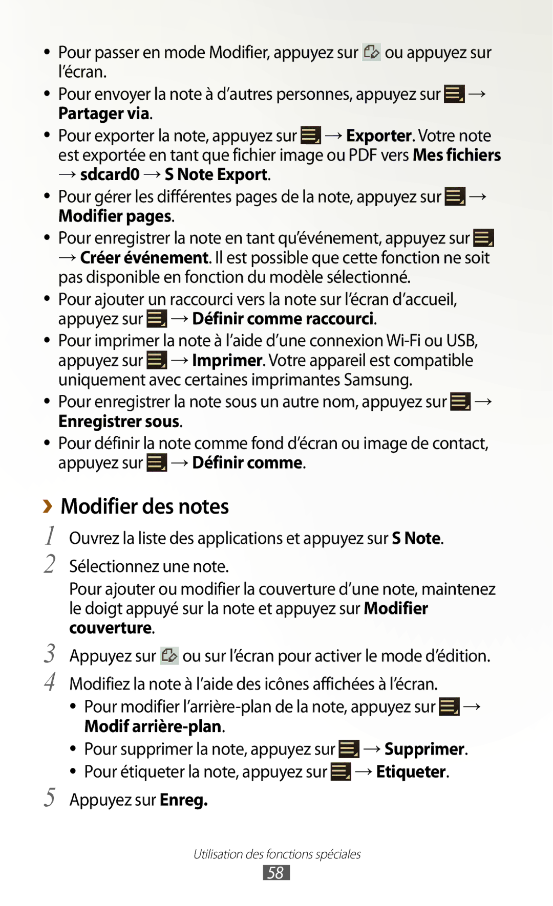 Samsung GT-N8000ZWABGL manual ››Modifier des notes, Partager via, → sdcard0 →S Note Export, Modif arrière-plan →Supprimer 