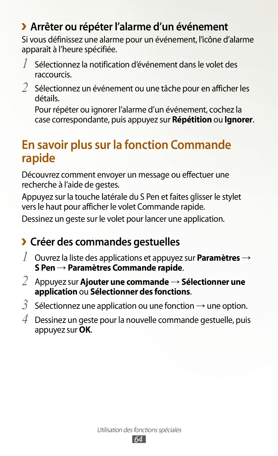 Samsung GT-N8000ZWAMTL, GT-N8000EAABGL manual ››Arrêter ou répéter l’alarme d’un événement, ››Créer des commandes gestuelles 