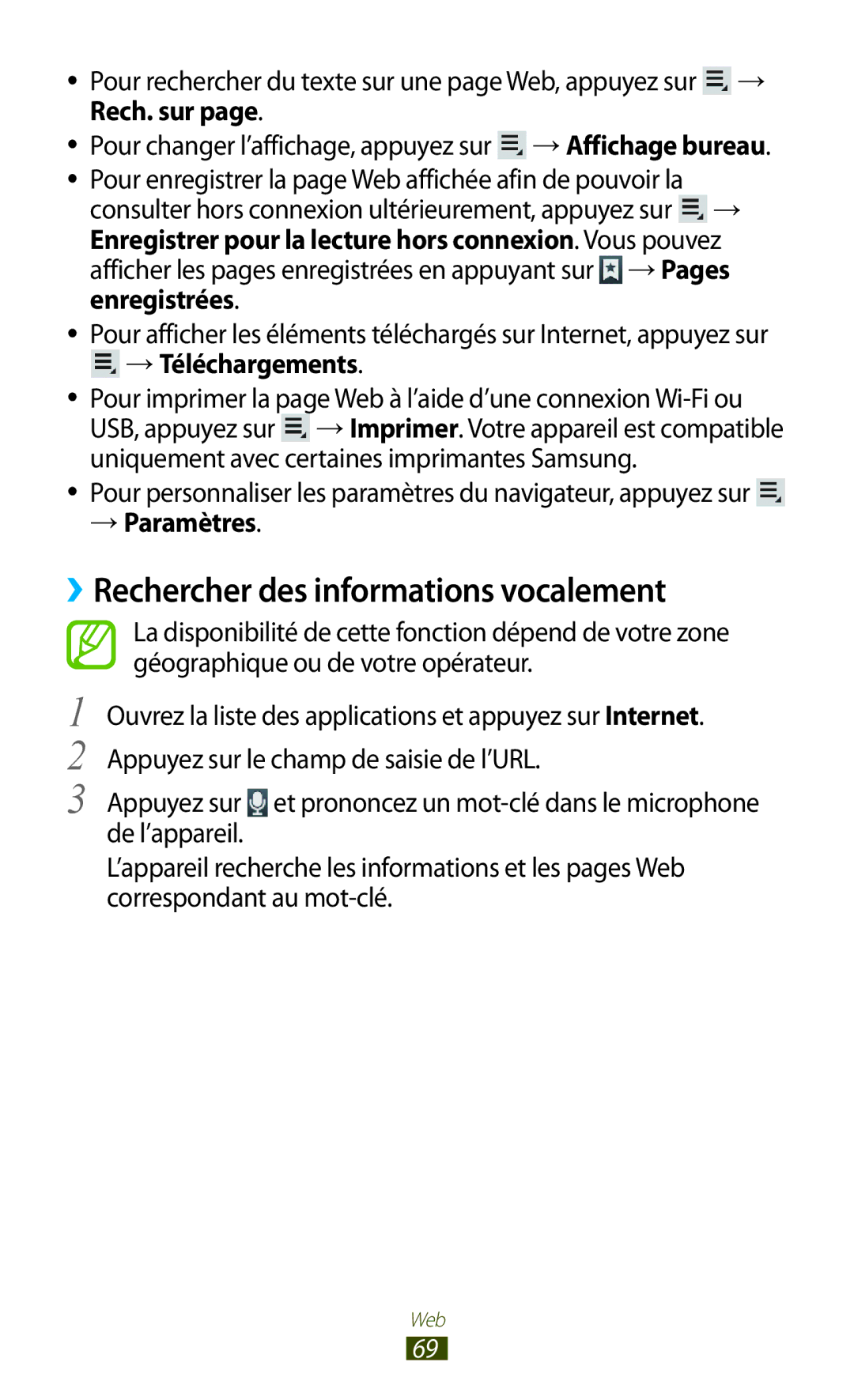 Samsung GT-N8000EAABGL, GT-N8000ZWAMTL manual ››Rechercher des informations vocalement, →Téléchargements, → Paramètres 