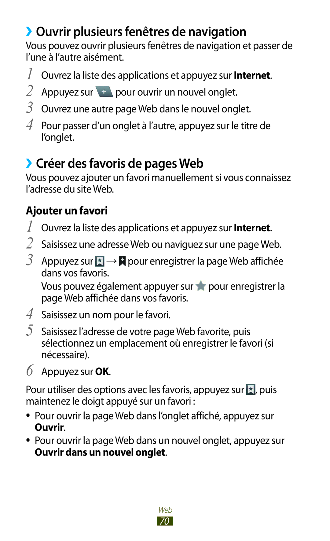 Samsung GT-N8000ZWABGL ››Ouvrir plusieurs fenêtres de navigation, ››Créer des favoris de pages Web, Ajouter un favori 