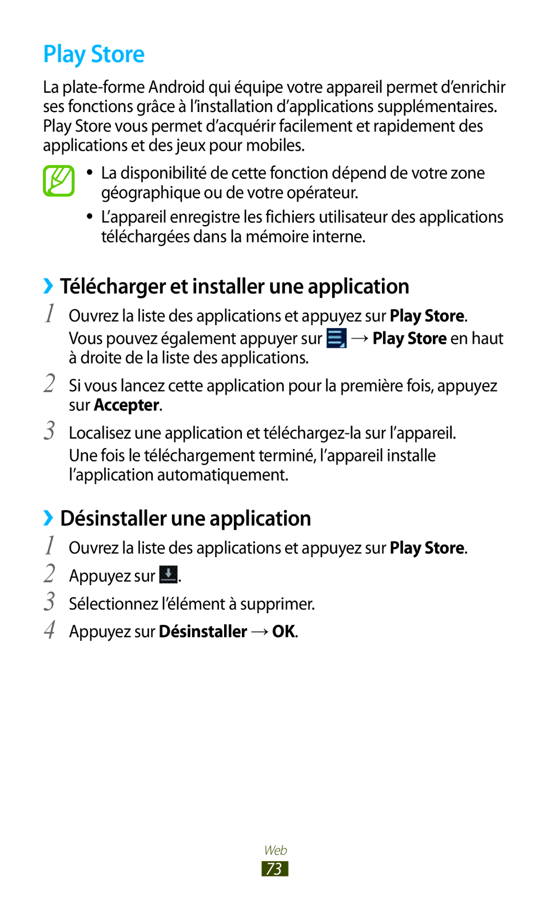 Samsung GT-N8000EAABGL Play Store, ››Télécharger et installer une application, Désinstaller une application, Sur Accepter 