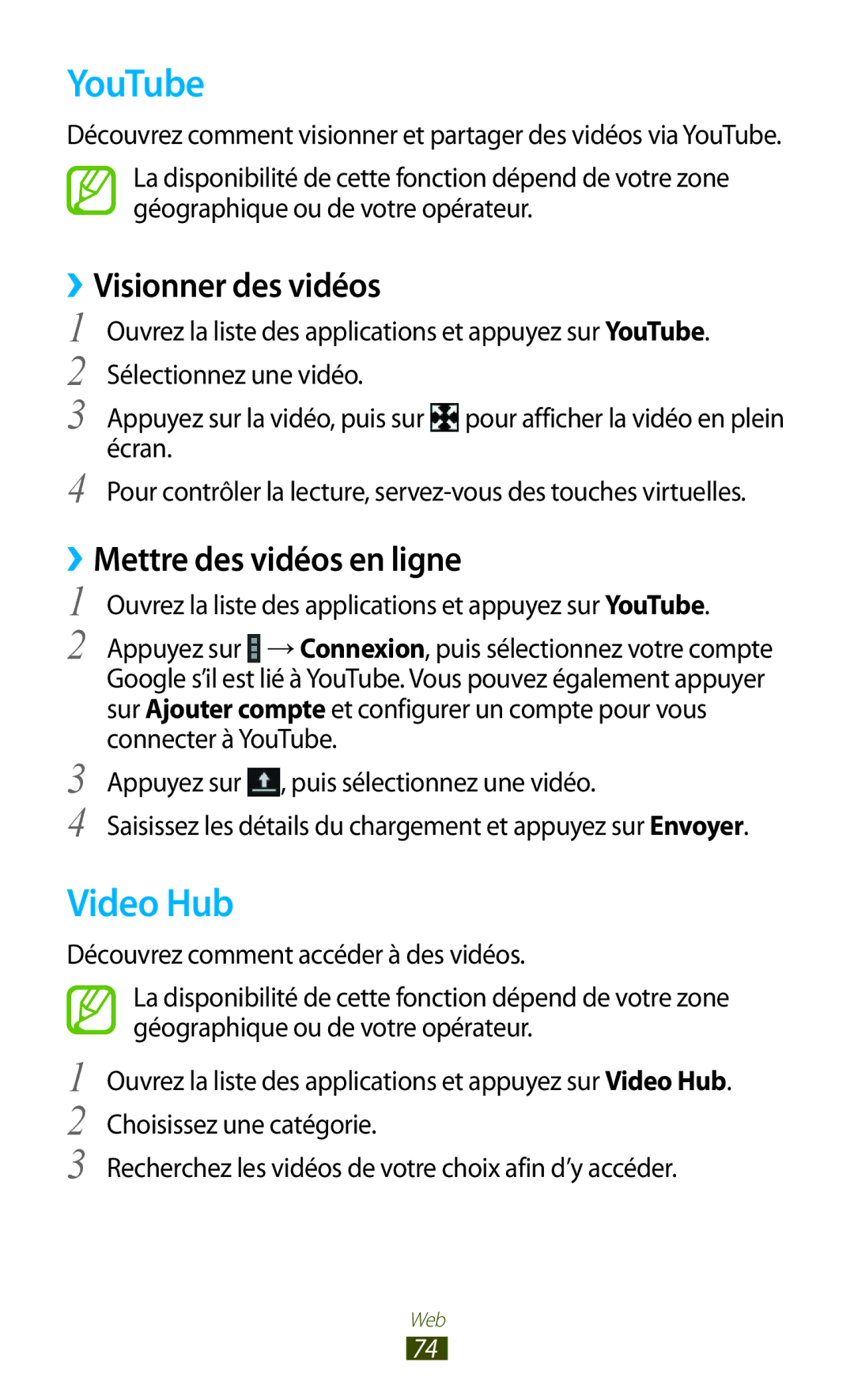 Samsung GT-N8000ZWABGL, GT-N8000ZWAMTL manual YouTube, Video Hub, ››Visionner des vidéos, ››Mettre des vidéos en ligne 