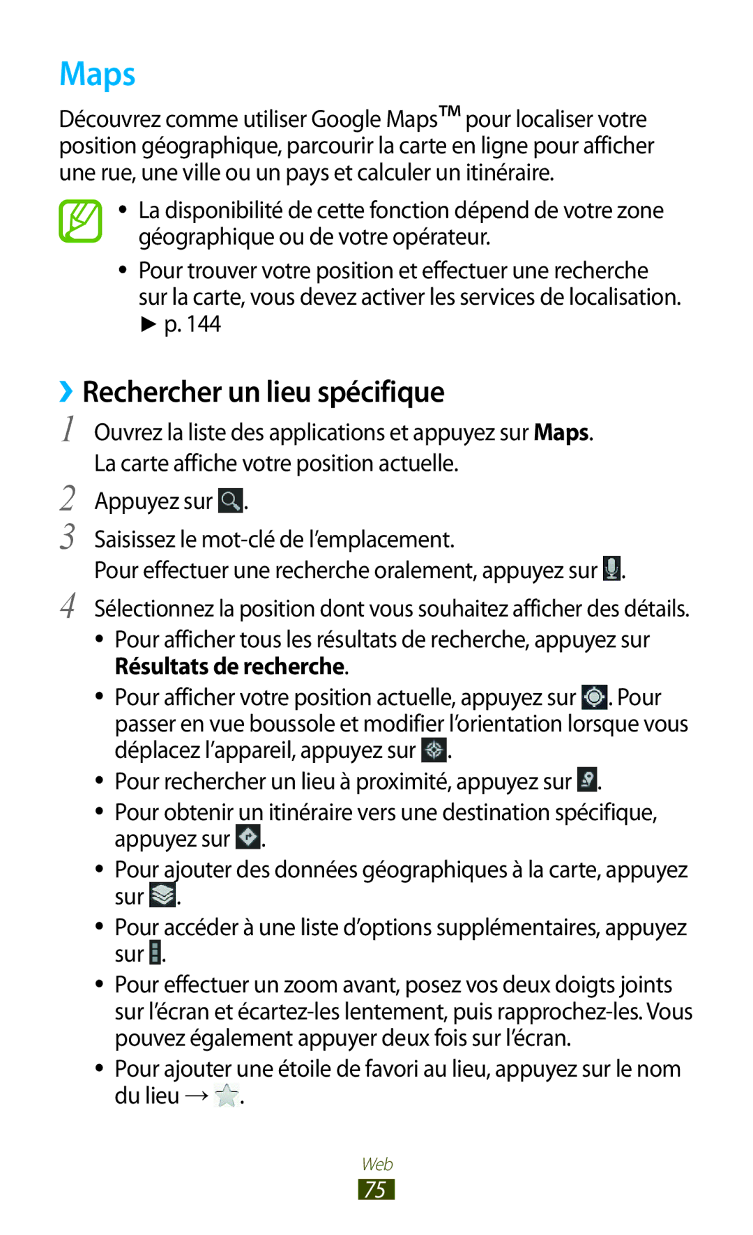 Samsung GT-N8000ZWAGBL, GT-N8000ZWAMTL, GT-N8000EAABGL manual Maps, ››Rechercher un lieu spécifique, Résultats de recherche 