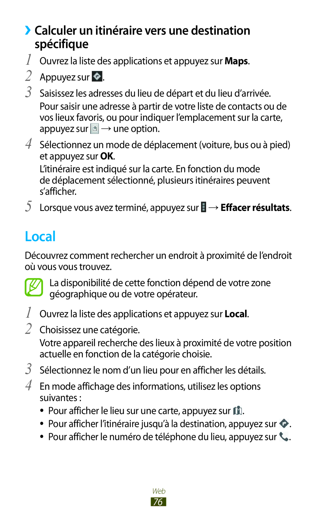 Samsung GT-N8000ZWAMTL, GT-N8000EAABGL, GT-N8000ZWABGL manual Local, ››Calculer un itinéraire vers une destination Spécifique 