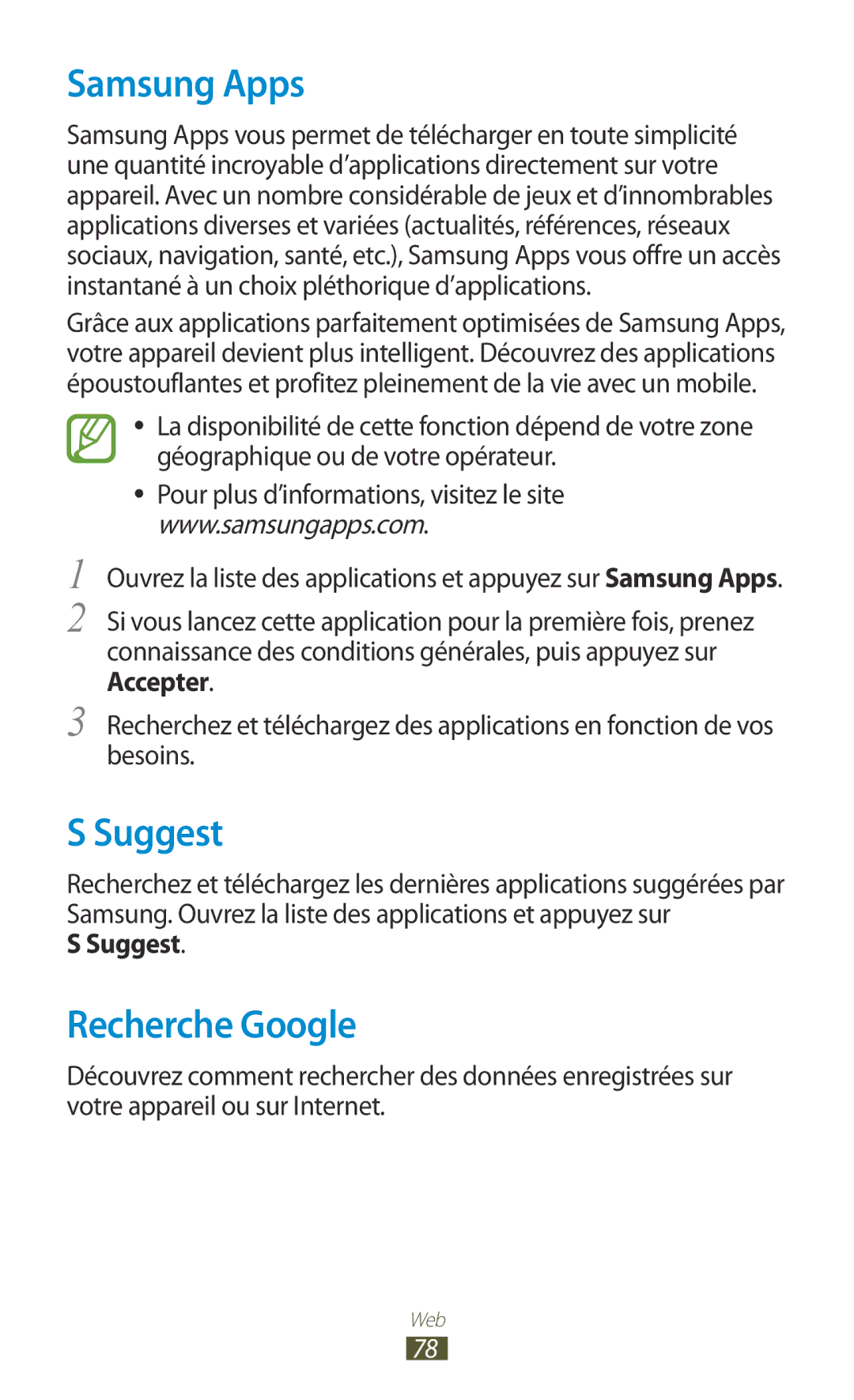 Samsung GT-N8000ZWABGL, GT-N8000ZWAMTL, GT-N8000EAABGL, GT-N8000ZWAGBL manual Samsung Apps, Suggest, Recherche Google 