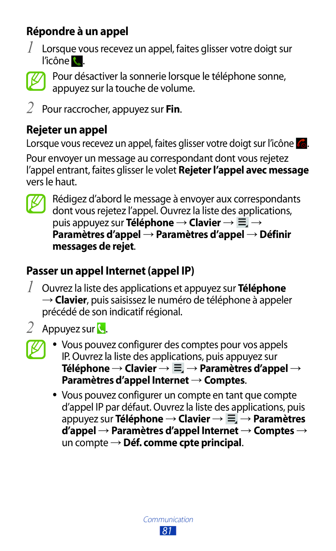 Samsung GT-N8000EAABGL, GT-N8000ZWAMTL manual Répondre à un appel, Rejeter un appel, Passer un appel Internet appel IP 