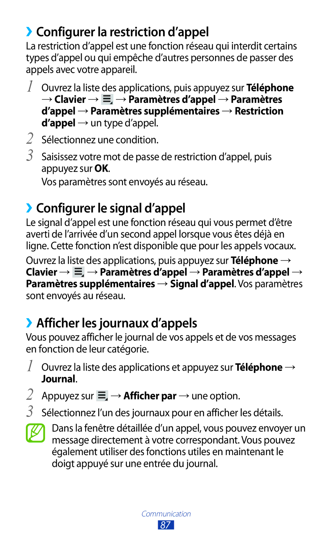 Samsung GT-N8000ZWAGBL, GT-N8000ZWAMTL manual ››Configurer la restriction d’appel, ››Configurer le signal d’appel, Journal 