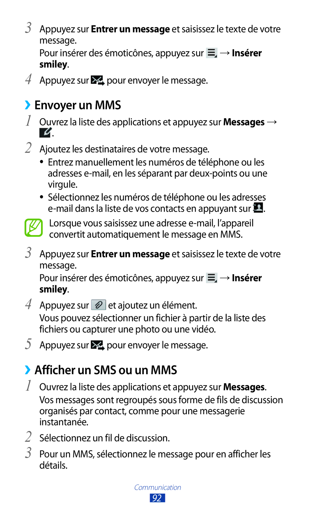 Samsung GT-N8000ZWAMTL manual ››Envoyer un MMS, ››Afficher un SMS ou un MMS, Smiley, Appuyez sur pour envoyer le message 