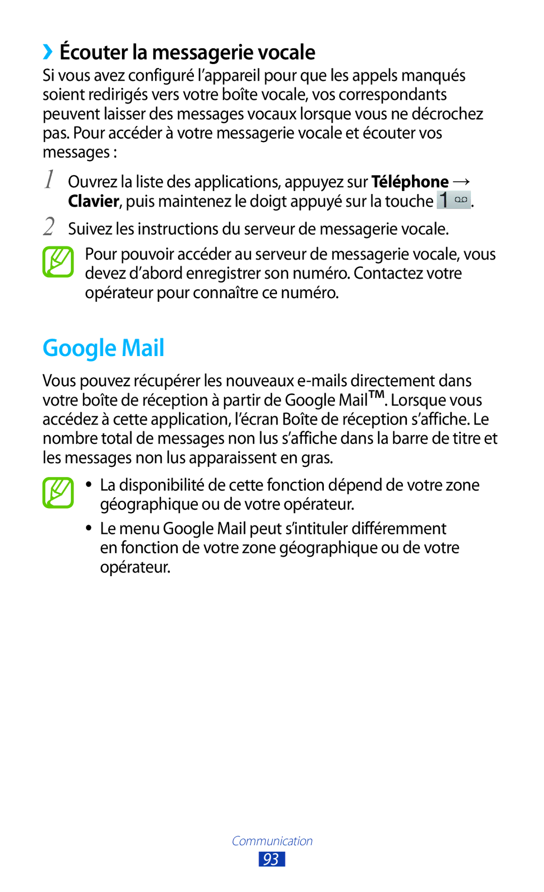 Samsung GT-N8000EAABGL, GT-N8000ZWAMTL, GT-N8000ZWABGL, GT-N8000ZWAGBL manual Google Mail, ››Écouter la messagerie vocale 