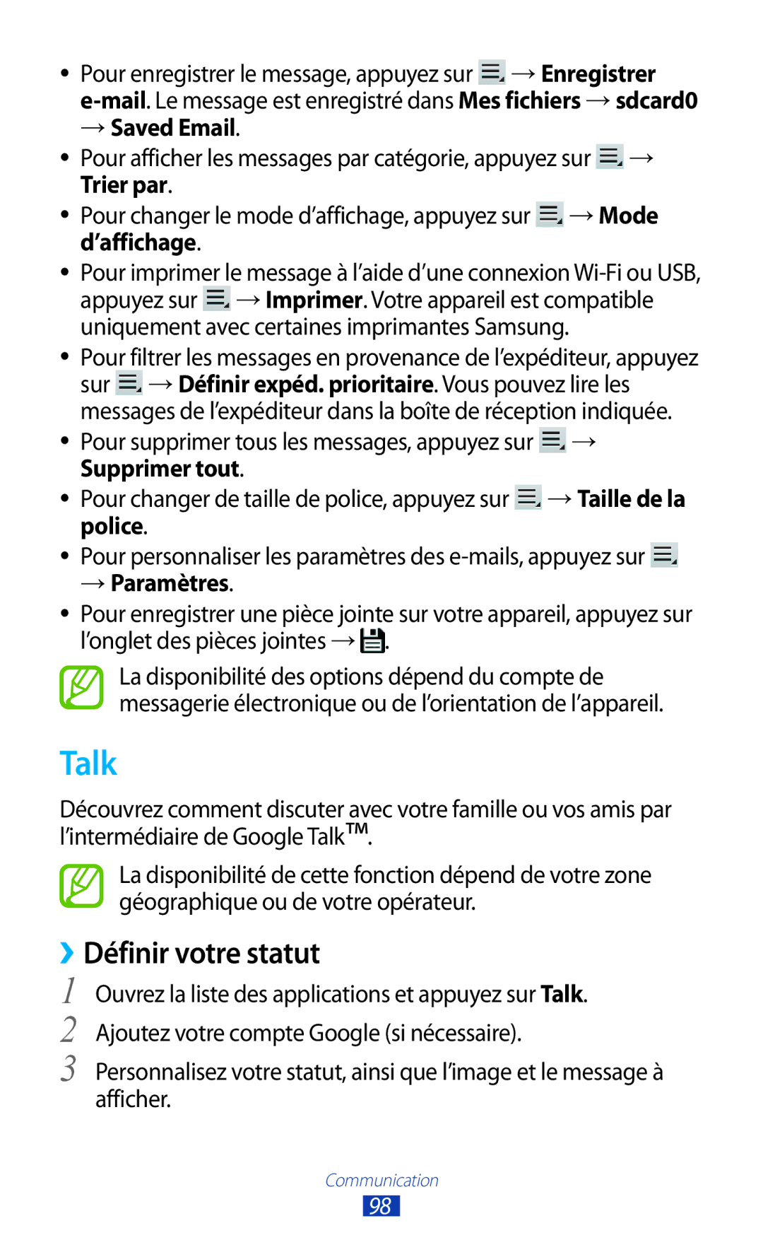 Samsung GT-N8000ZWABGL, GT-N8000ZWAMTL, GT-N8000EAABGL manual Talk, ››Définir votre statut, → Saved Email, Supprimer tout 