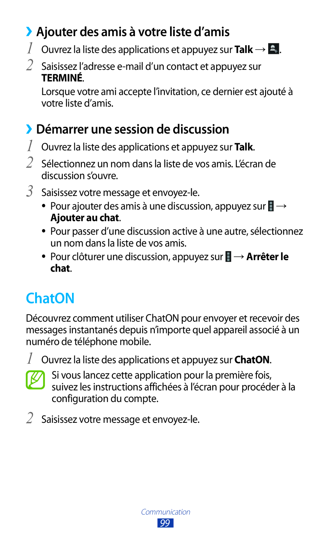 Samsung GT-N8000ZWAGBL manual ChatON, ››Ajouter des amis à votre liste d’amis, ››Démarrer une session de discussion 