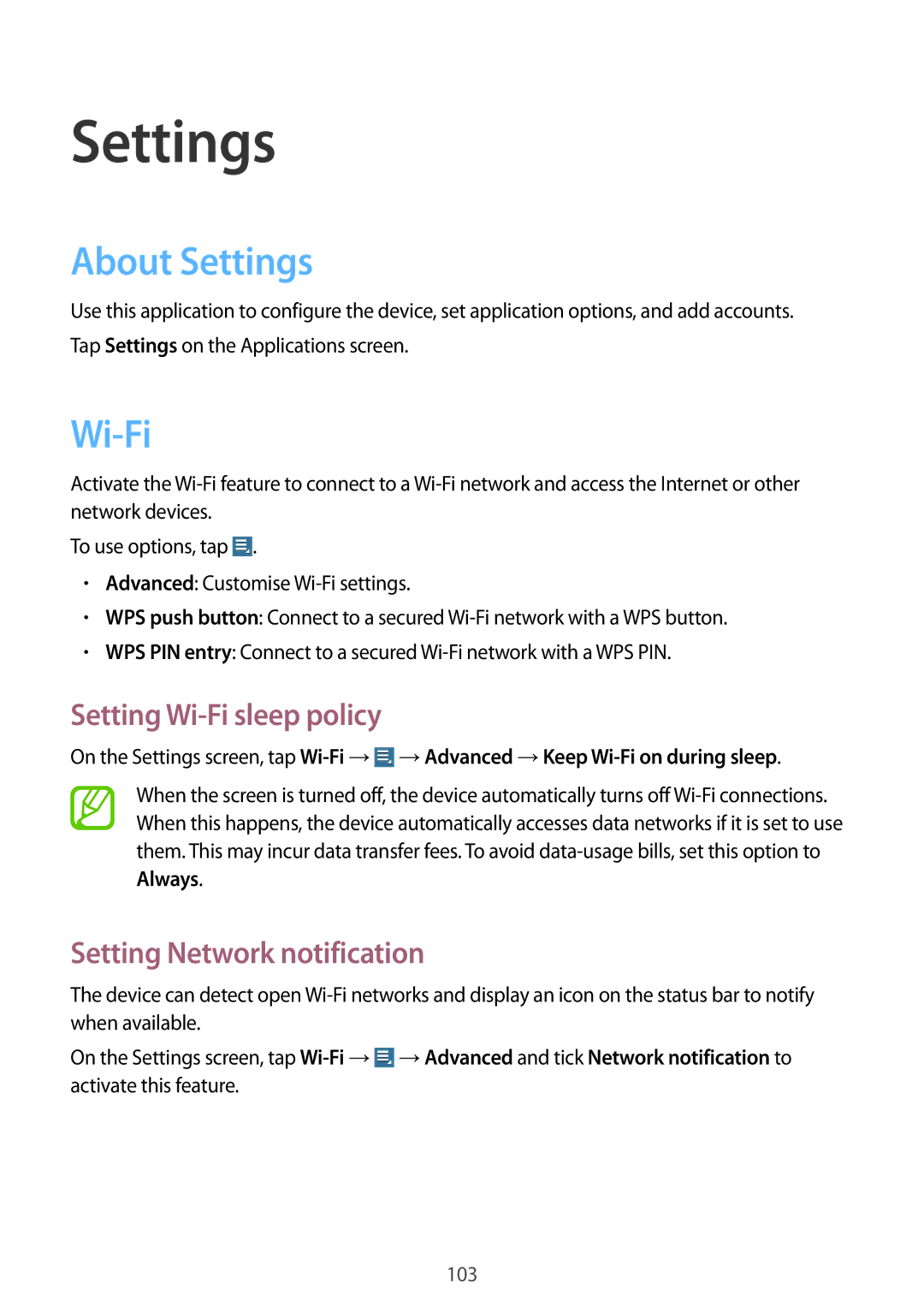 Samsung GT-N8000EAAXEF, GT-N8000ZWAVD2 About Settings, Setting Wi-Fi sleep policy, Setting Network notification 