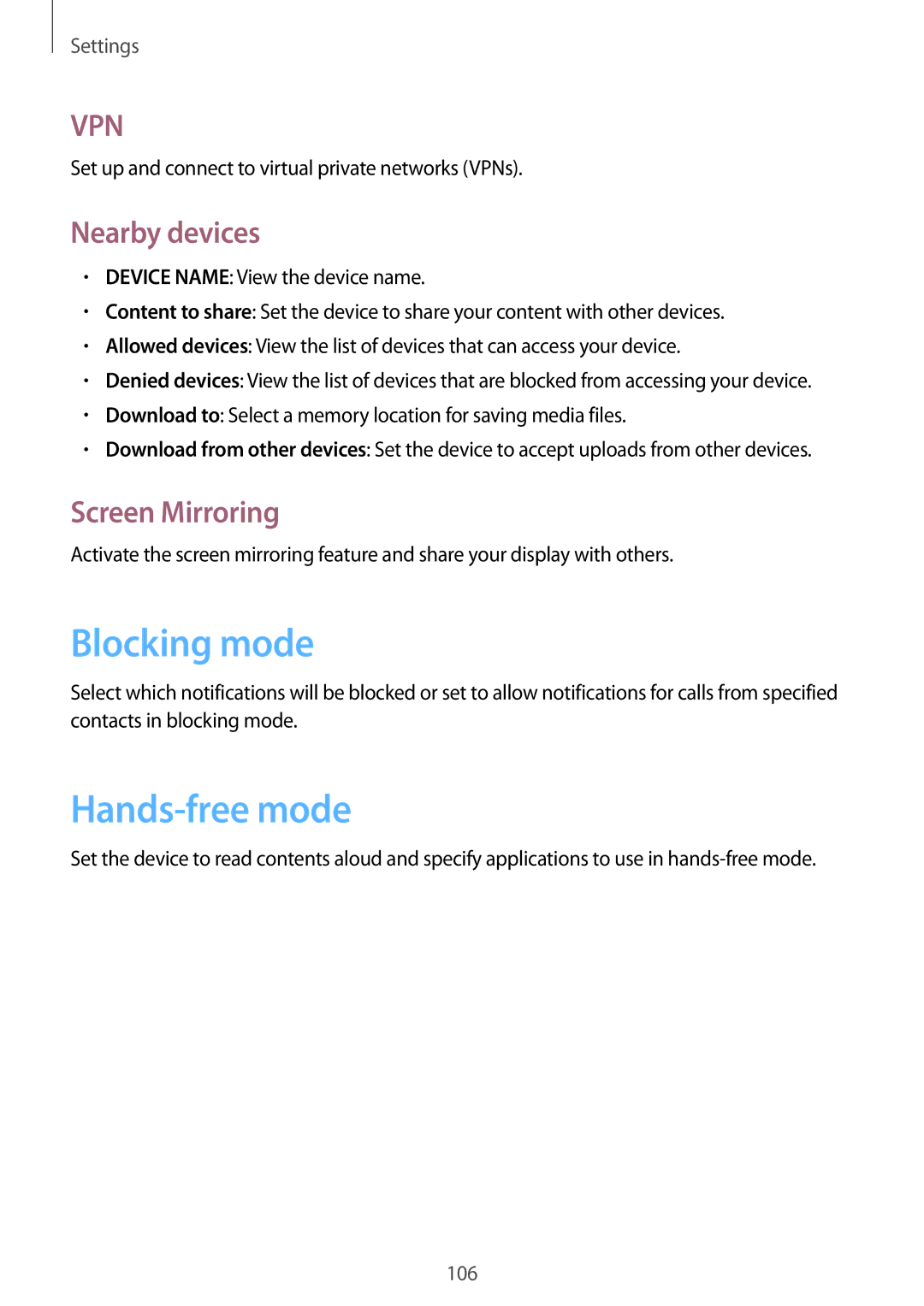 Samsung GT-N8000EAAHUI, GT-N8000ZWAVD2, GT-N8000EAAVD2 Blocking mode, Hands-free mode, Nearby devices, Screen Mirroring 