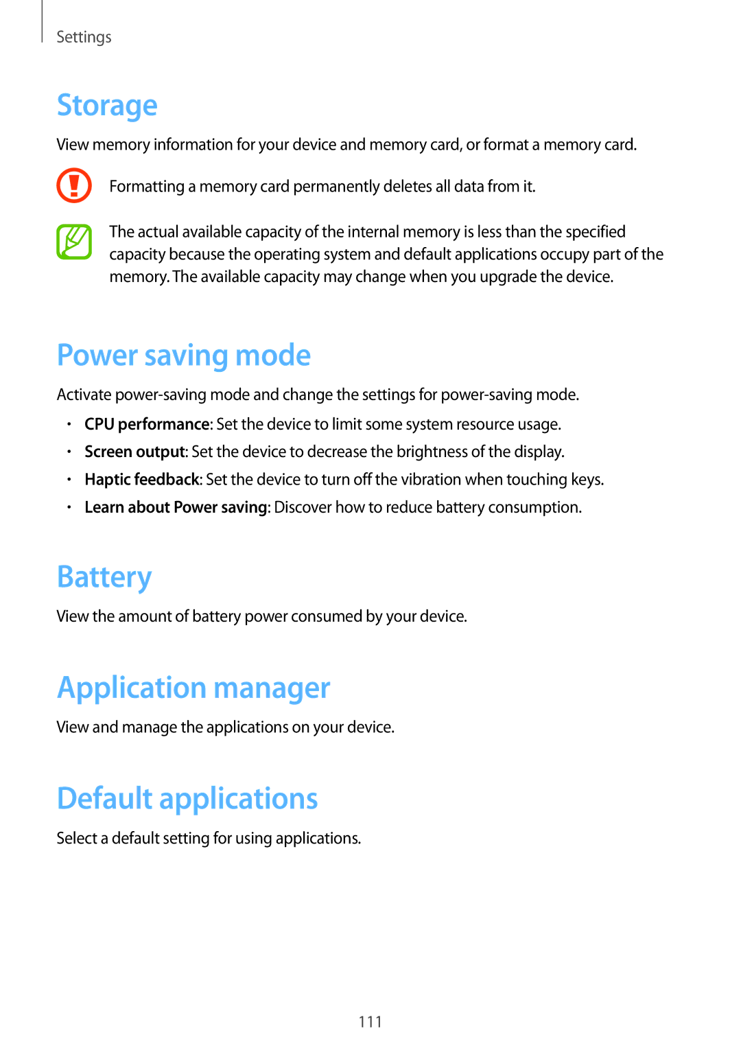 Samsung GT-N8000ZWEPHE, GT-N8000ZWAVD2 manual Storage, Power saving mode, Battery, Application manager, Default applications 