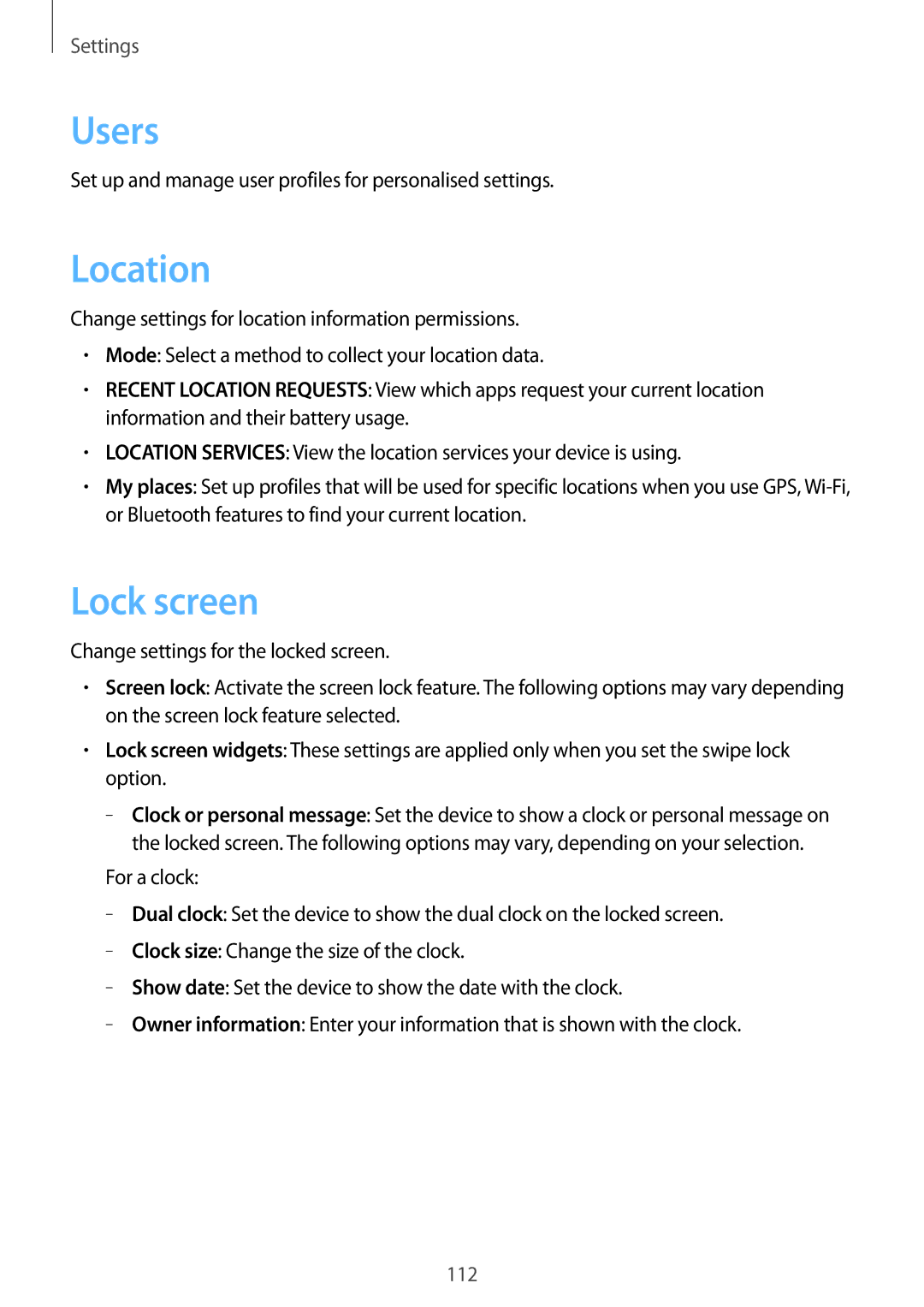 Samsung GT-N8000ZWXPHE, GT-N8000ZWAVD2, GT-N8000EAAVD2, GT-N8000EAAITV, GT-N8000EAADBT manual Users, Location, Lock screen 