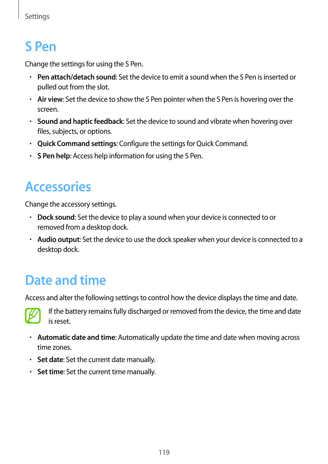 Samsung GT-N8000ZWAATL, GT-N8000ZWAVD2, GT-N8000EAAVD2, GT-N8000EAAITV, GT-N8000EAADBT manual Accessories, Date and time 