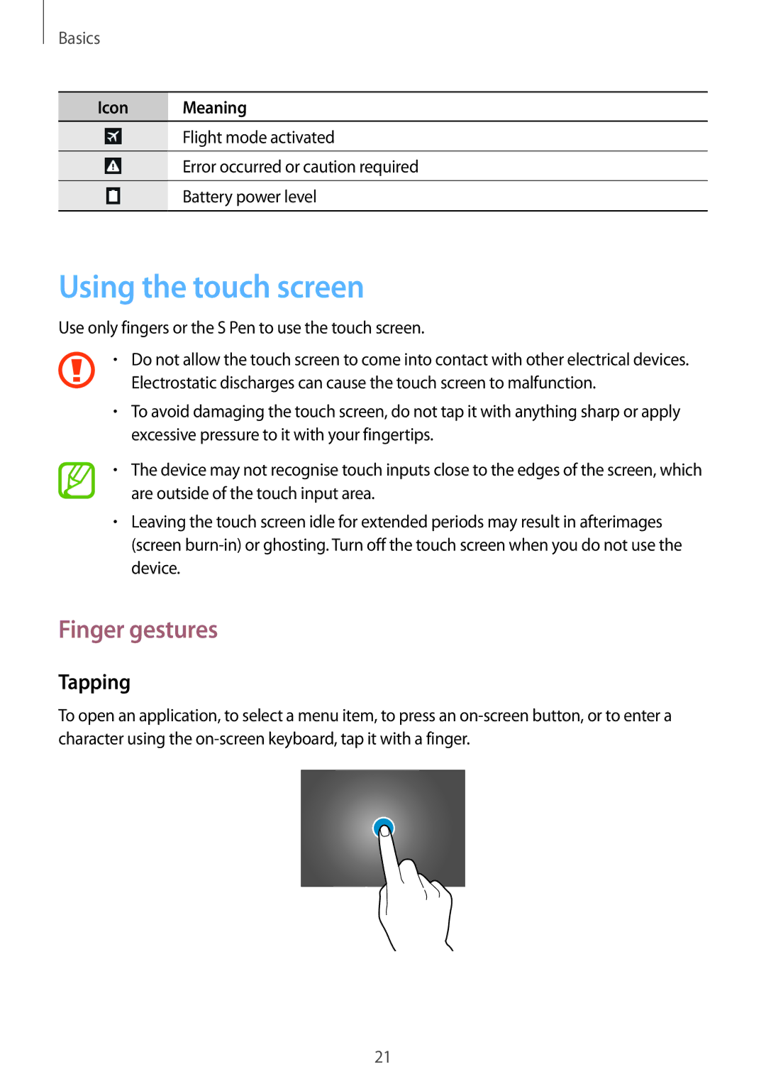 Samsung GT-N8000ZWAXEF, GT-N8000ZWAVD2, GT-N8000EAAVD2, GT-N8000EAAITV manual Using the touch screen, Finger gestures, Tapping 