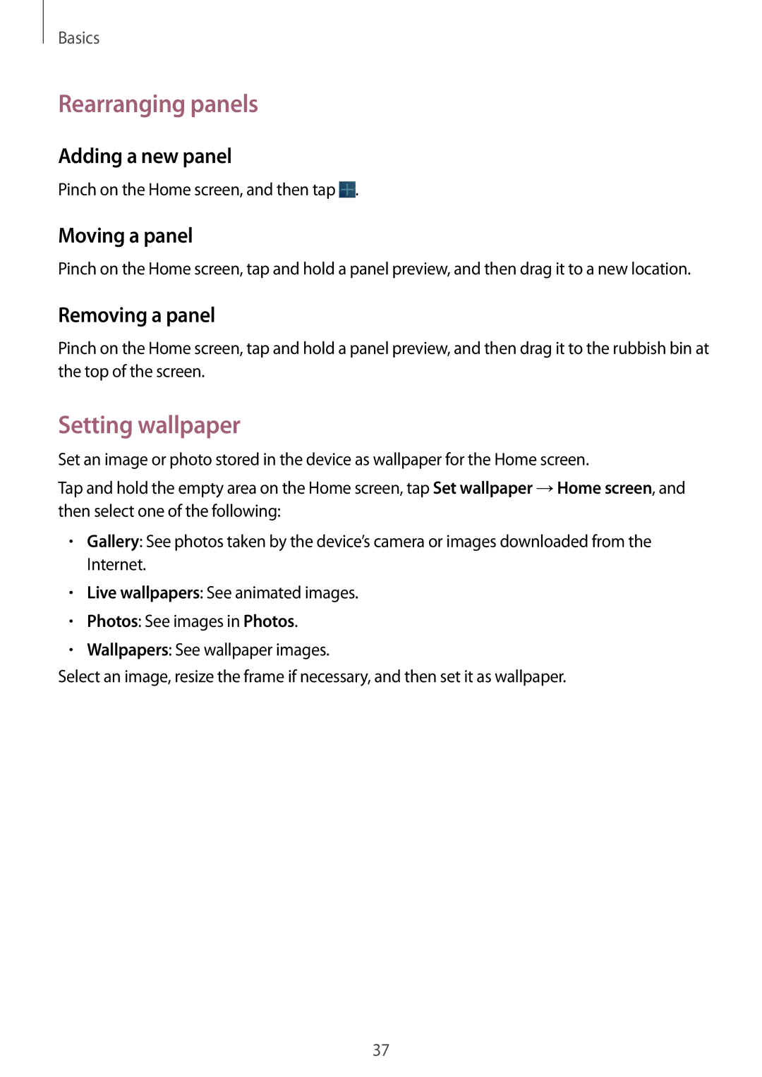 Samsung GT-N8000EAXPHE manual Rearranging panels, Setting wallpaper, Adding a new panel, Moving a panel, Removing a panel 