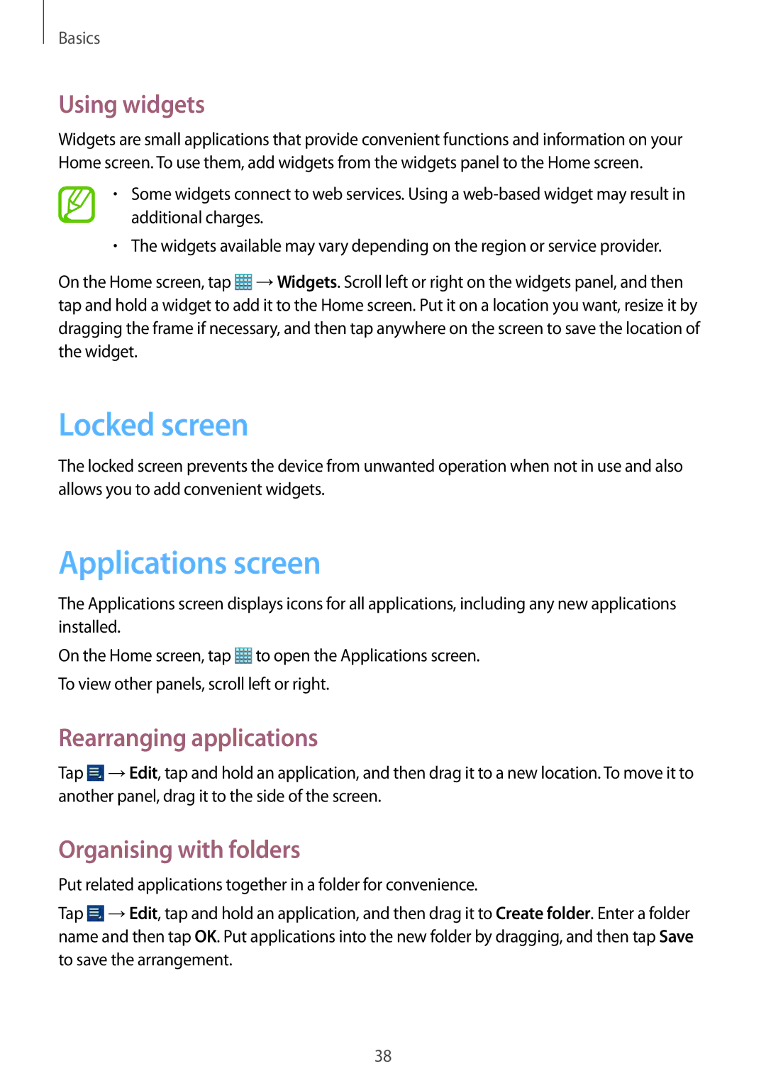 Samsung GT-N8000ZWAMTL, GT-N8000ZWAVD2 manual Locked screen, Applications screen, Using widgets, Rearranging applications 