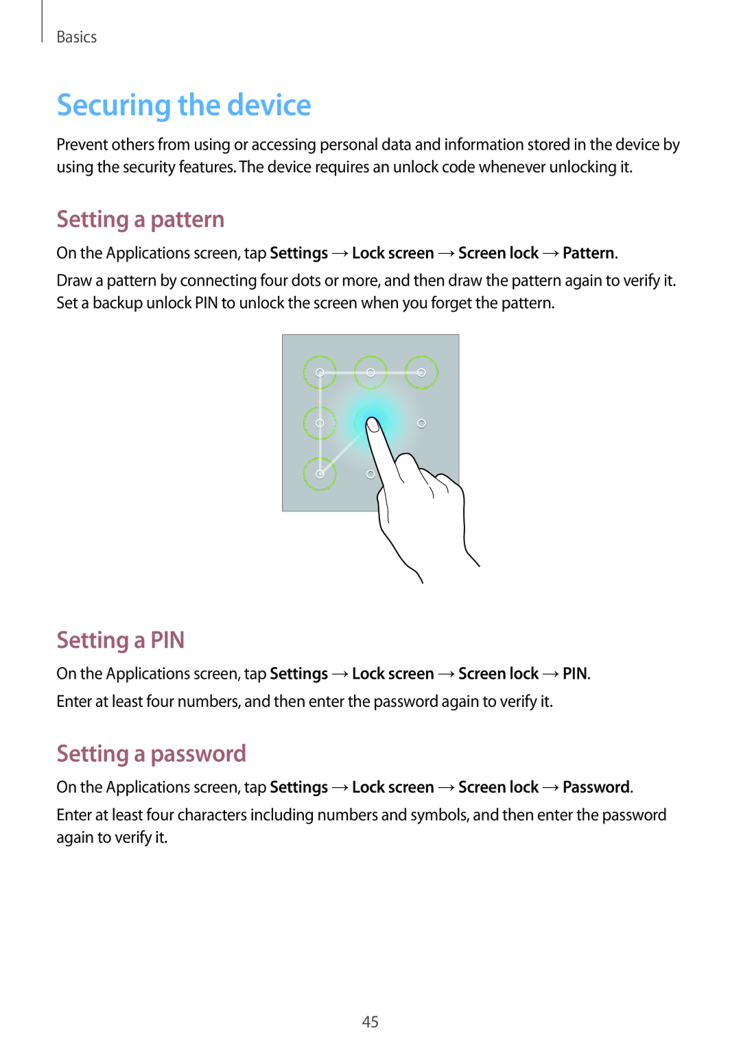 Samsung GT-N8000EAAVIP, GT-N8000ZWAVD2 manual Securing the device, Setting a pattern, Setting a PIN, Setting a password 