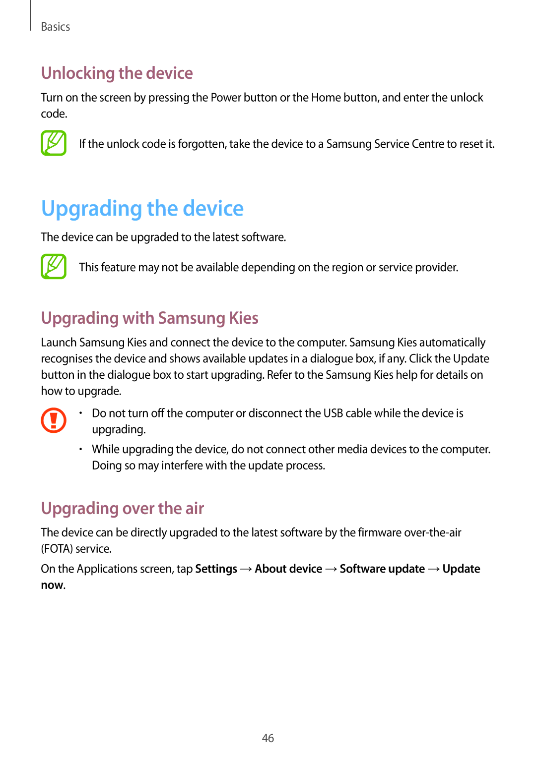 Samsung GT-N8000EAAXEZ Upgrading the device, Unlocking the device, Upgrading with Samsung Kies, Upgrading over the air 