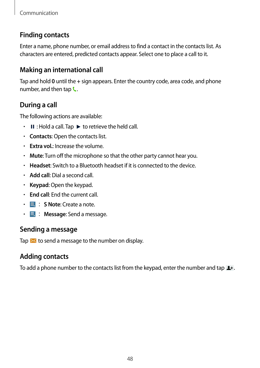 Samsung GT-N8000GRAXSK Finding contacts, Making an international call, During a call, Sending a message, Adding contacts 