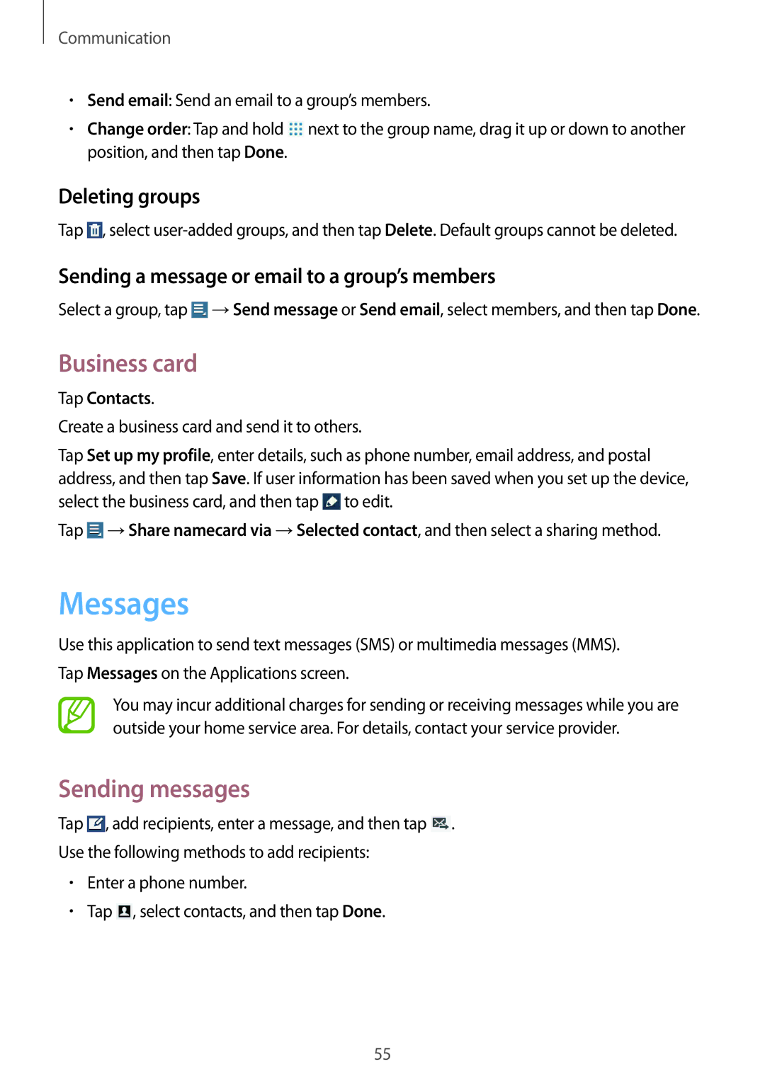 Samsung GT-N8000EAASEB, GT-N8000ZWAVD2, GT-N8000EAAVD2 manual Messages, Business card, Sending messages, Deleting groups 