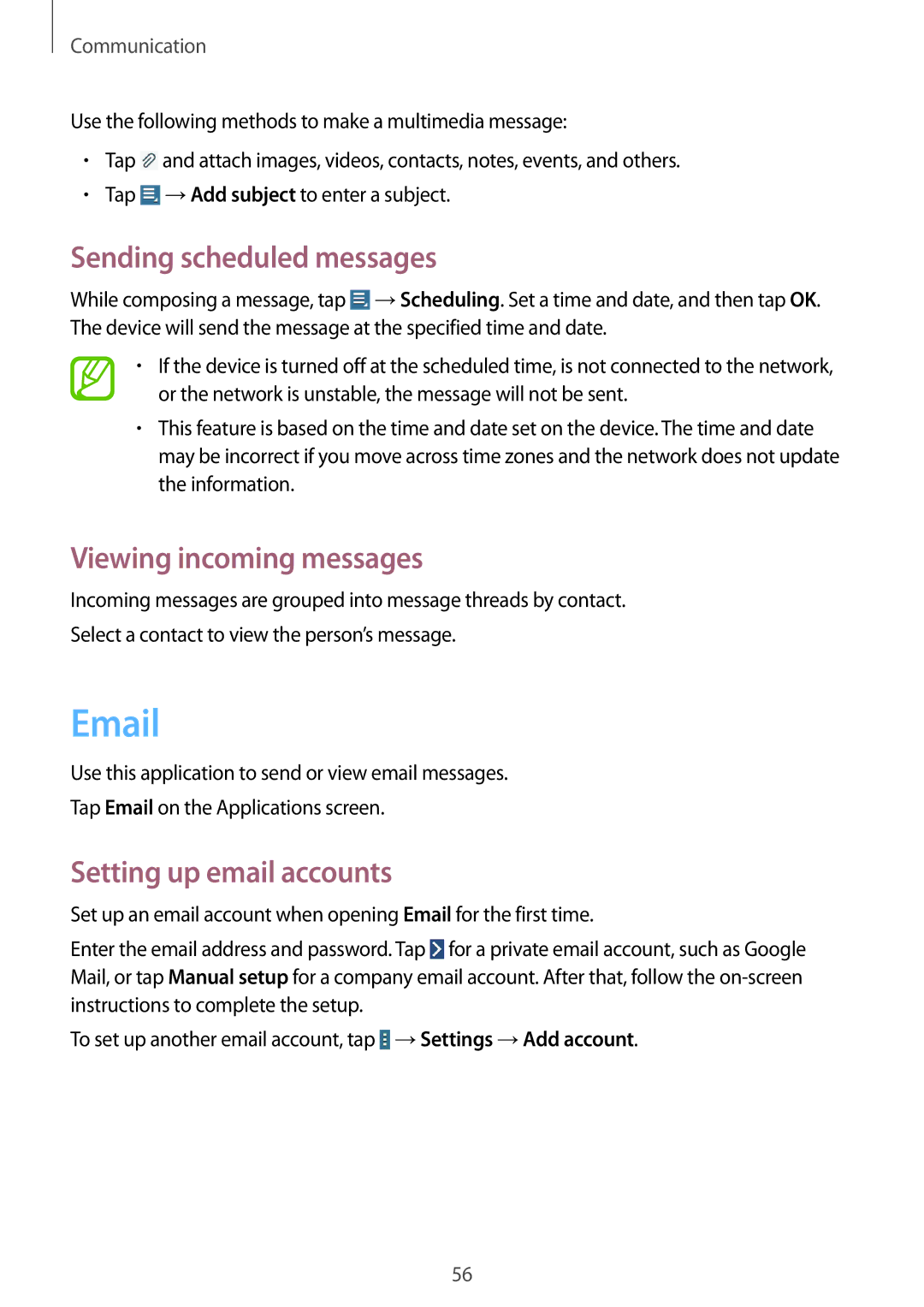 Samsung GT-N8000ZWASEB, GT-N8000ZWAVD2 Sending scheduled messages, Viewing incoming messages, Setting up email accounts 