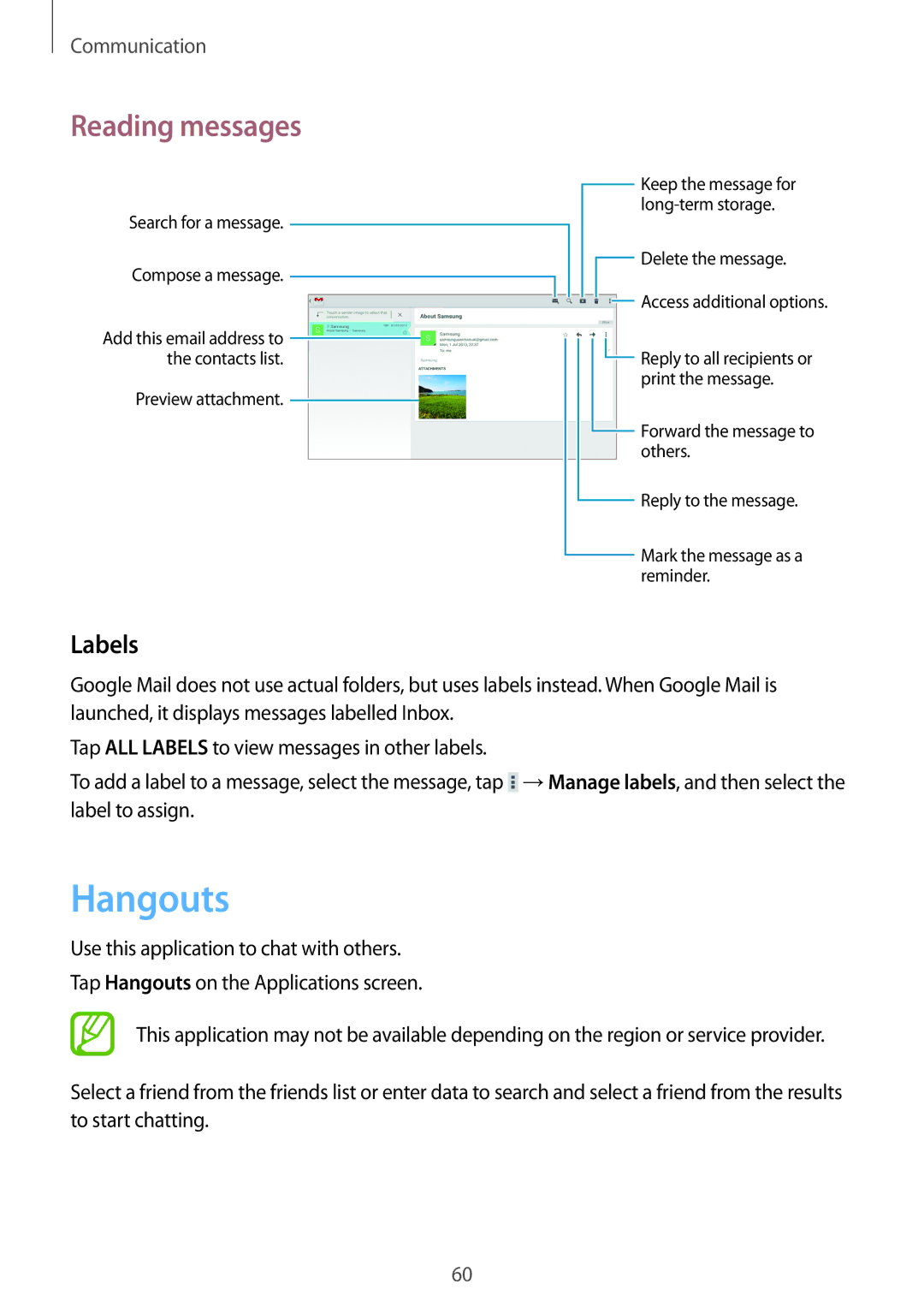 Samsung GT-N8000ZWACOA, GT-N8000ZWAVD2, GT-N8000EAAVD2, GT-N8000EAAITV, GT-N8000EAADBT, GT-N8000EAATMN manual Hangouts, Labels 