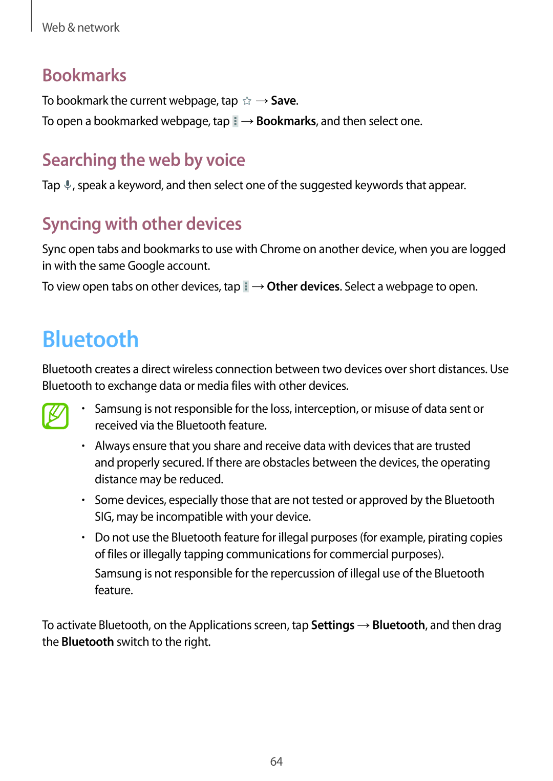 Samsung GT-N8000EAAXEO, GT-N8000ZWAVD2, GT-N8000EAAVD2, GT-N8000EAAITV, GT-N8000EAADBT Bluetooth, Syncing with other devices 