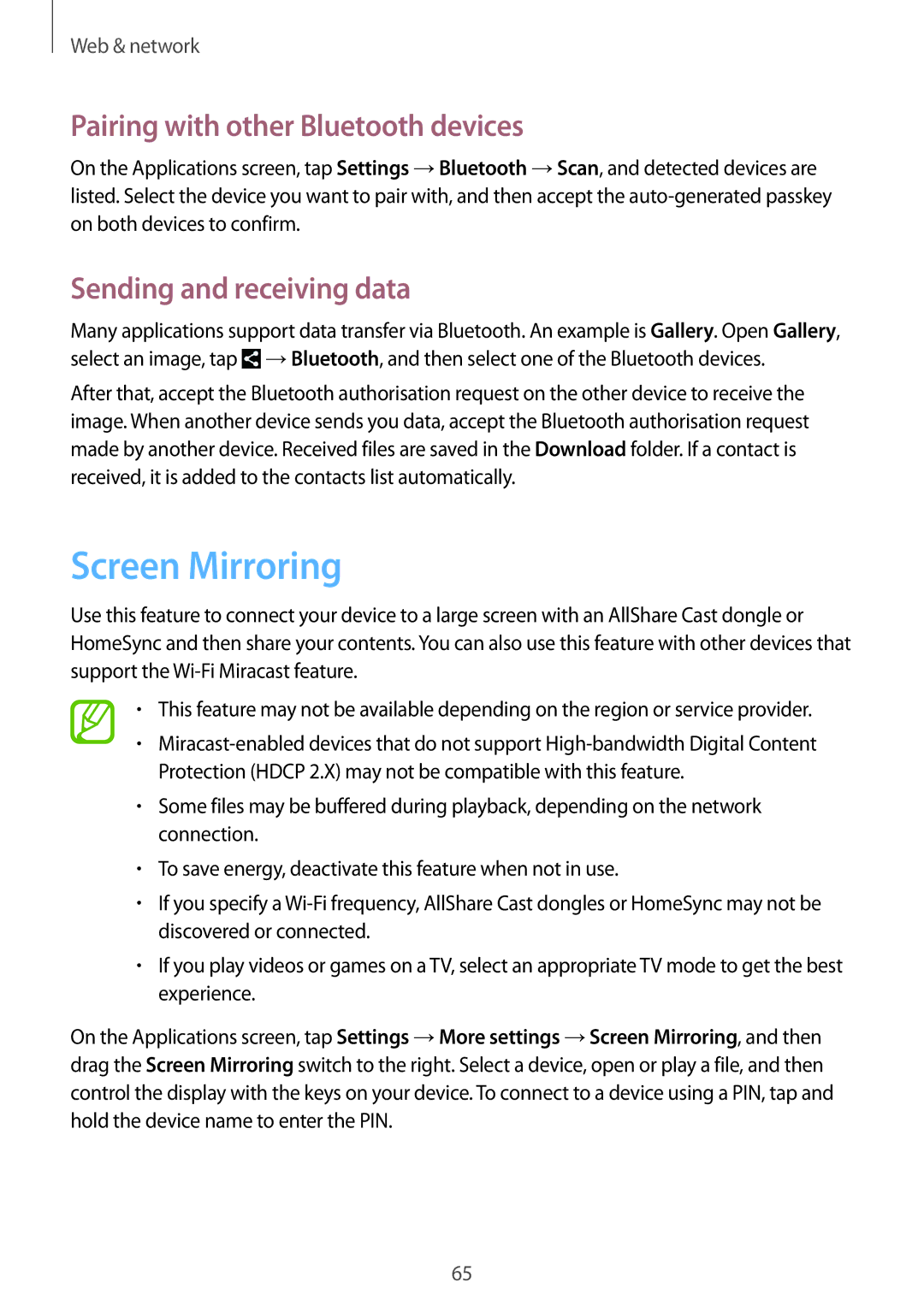 Samsung GT-N8000GRAXEH, GT-N8000ZWAVD2 Screen Mirroring, Pairing with other Bluetooth devices, Sending and receiving data 