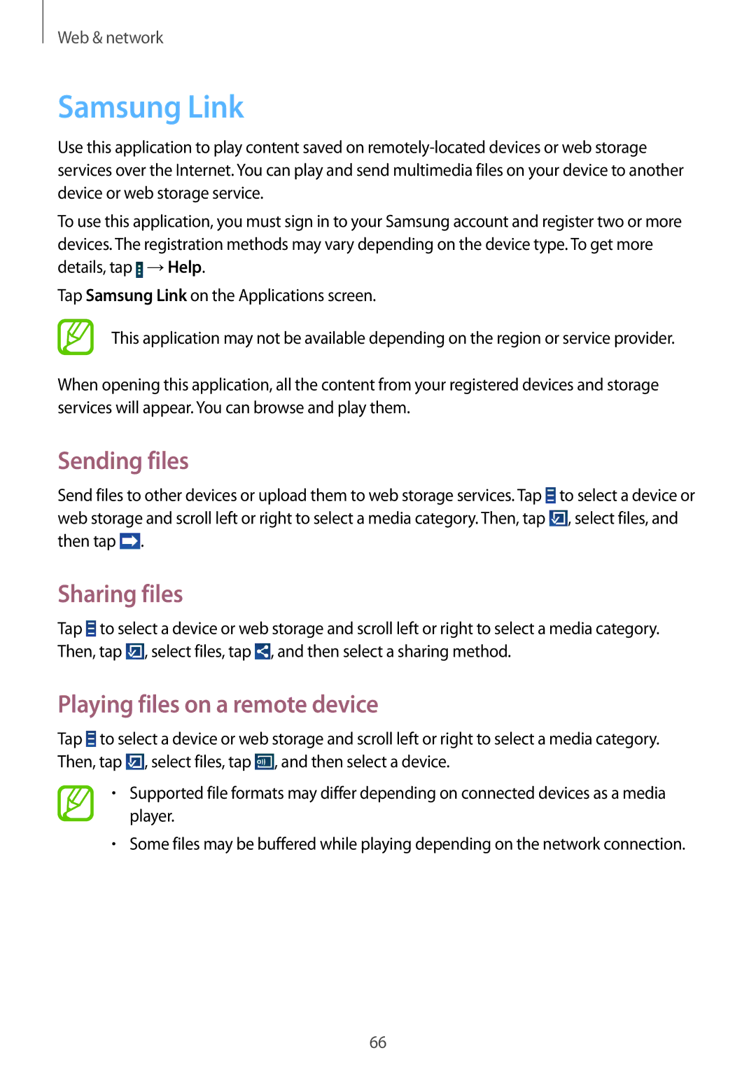 Samsung GT-N8000ZWATMH, GT-N8000ZWAVD2 manual Samsung Link, Sending files, Sharing files, Playing files on a remote device 