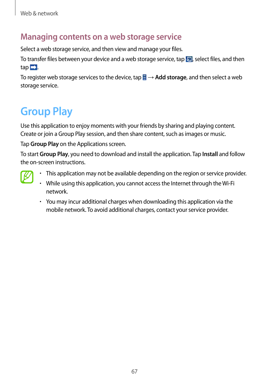 Samsung GT-N8000EAAAUT, GT-N8000ZWAVD2, GT-N8000EAAVD2 manual Group Play, Managing contents on a web storage service 