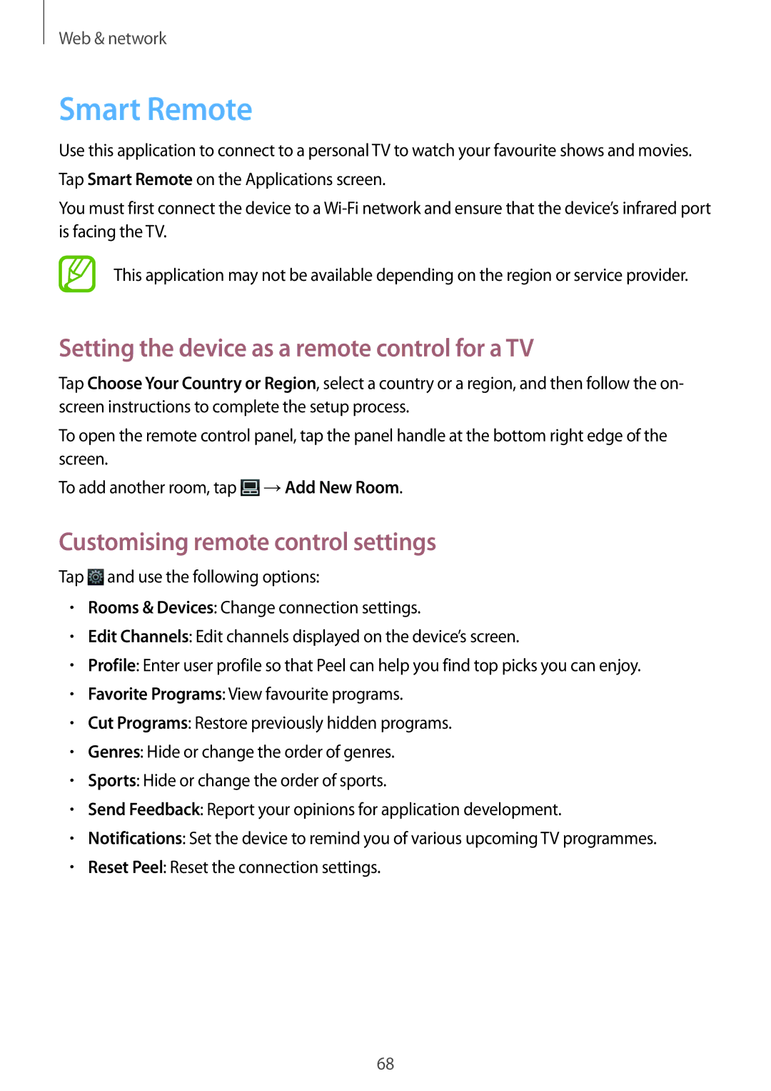 Samsung GT-N8000EAAMGF Smart Remote, Setting the device as a remote control for a TV, Customising remote control settings 